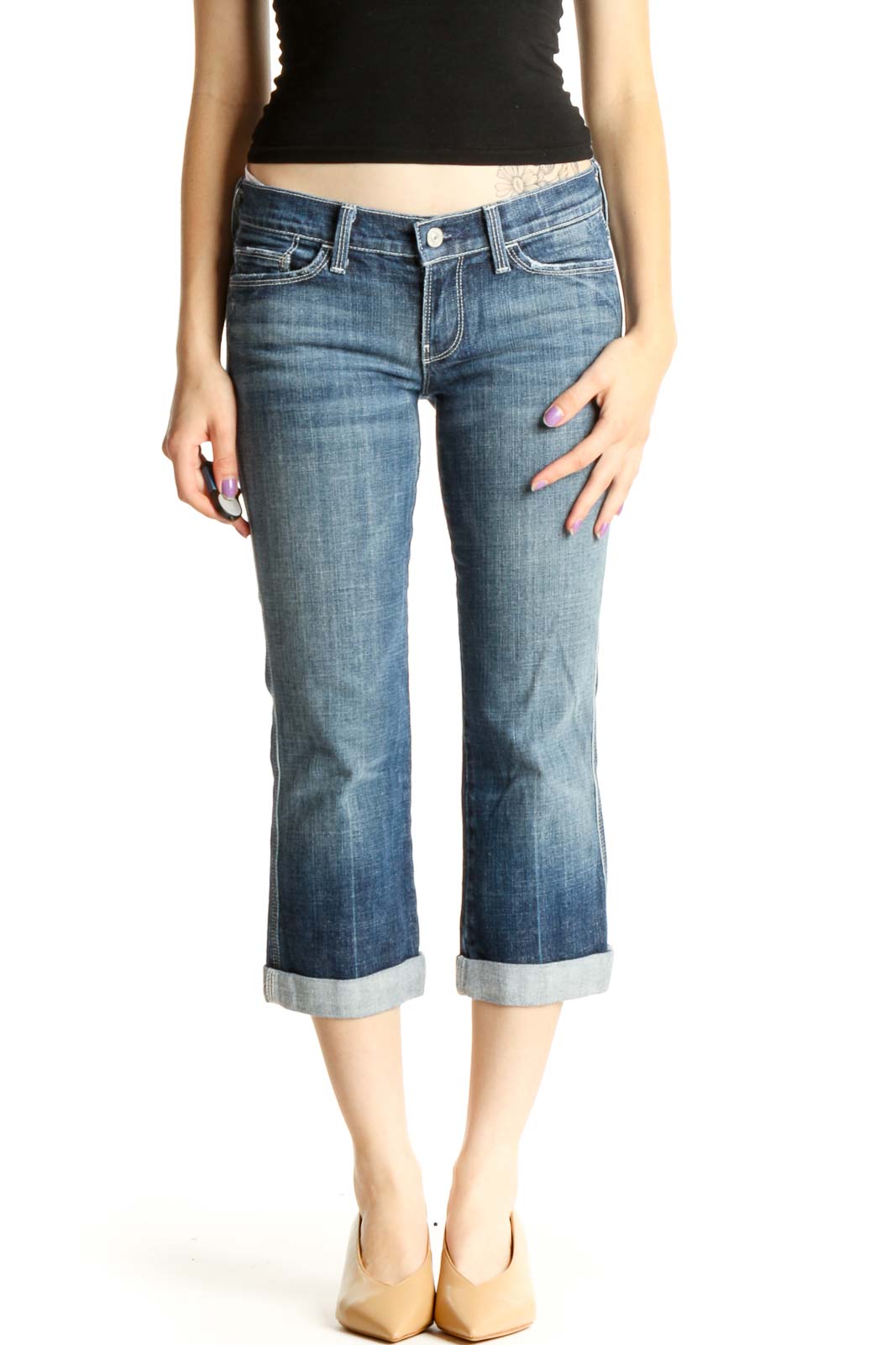 Blue Low Rise Straight Leg Cropped Jeans Front
