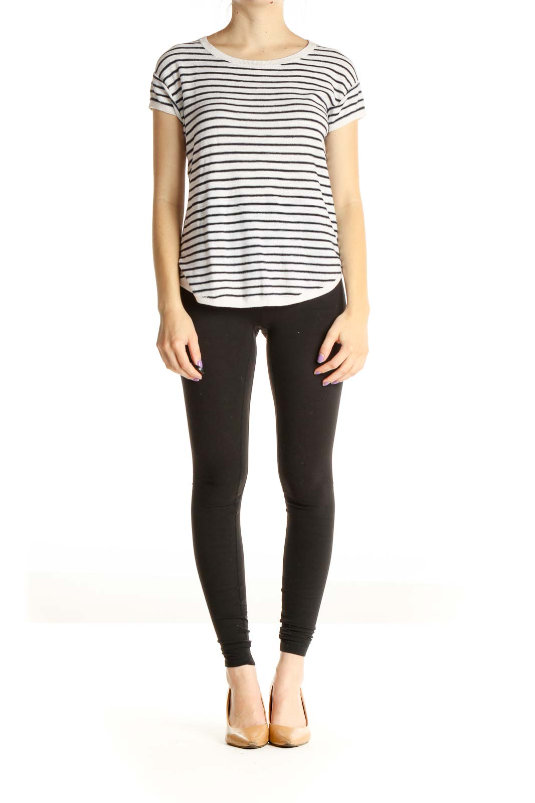 Ann Taylor LOFT - White Striped All Day Wear T-Shirt Cotton | SilkRoll
