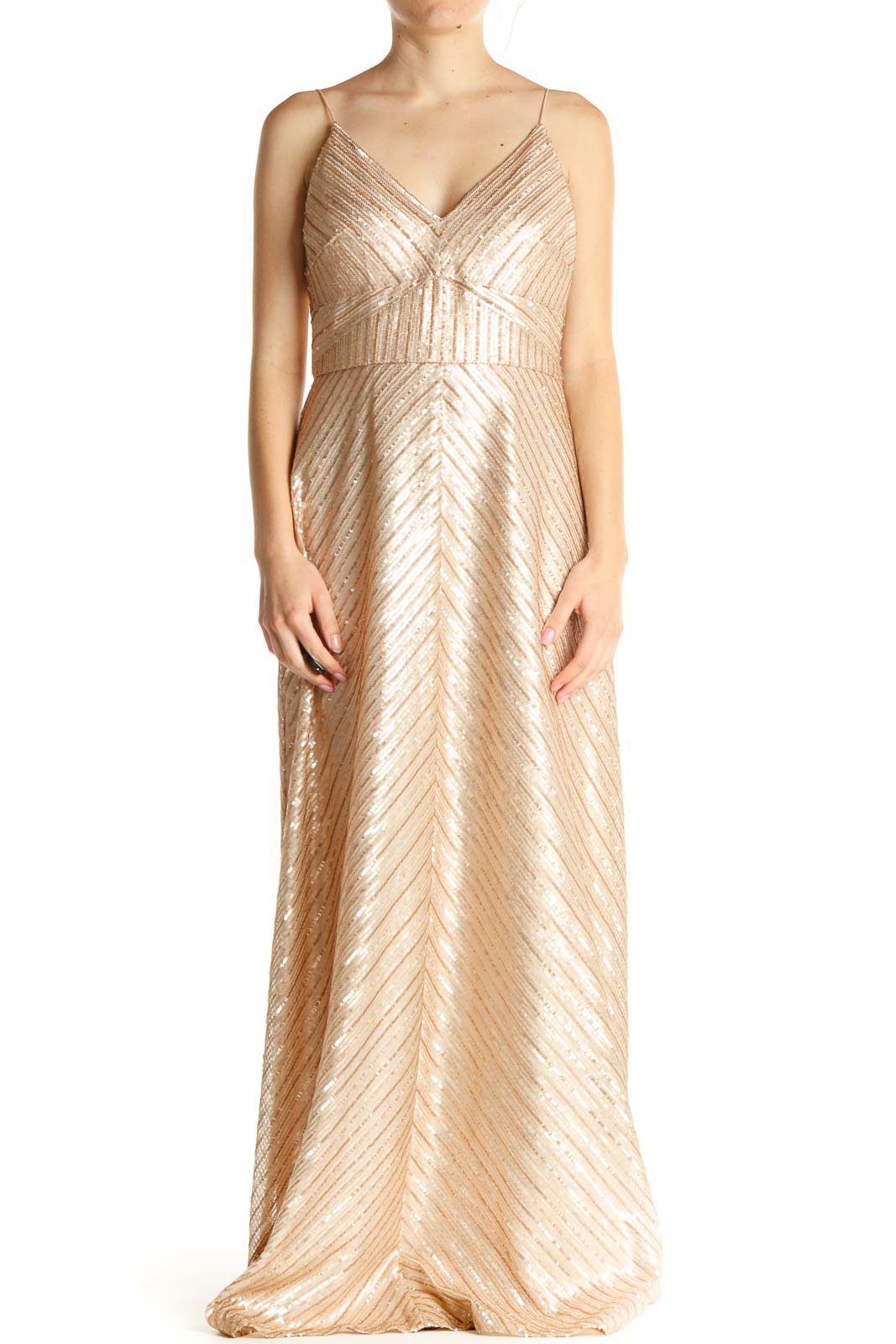 Beige Sequin Classic Column Dress Front