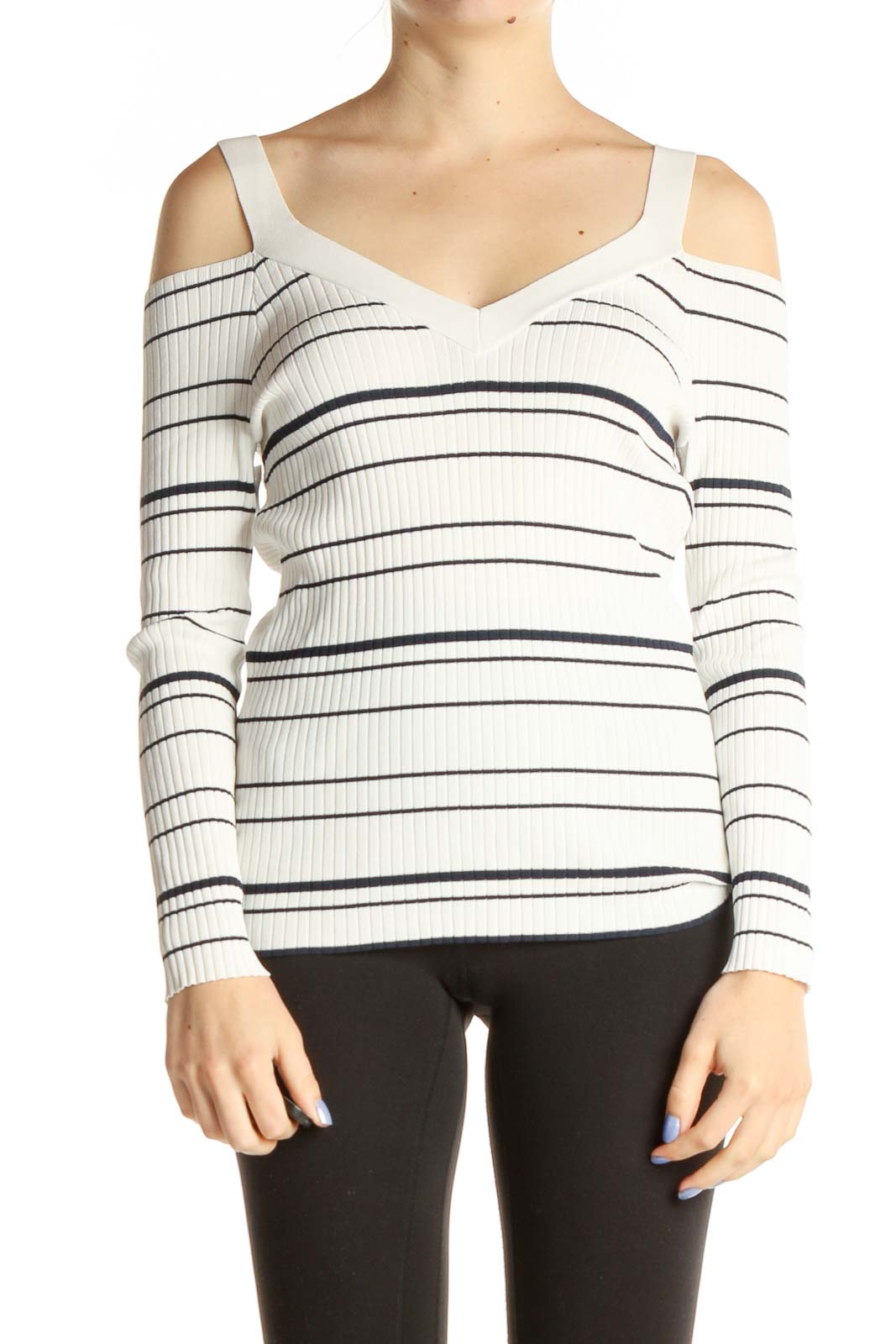 White Exposed Shoulder Striped Shirt Front