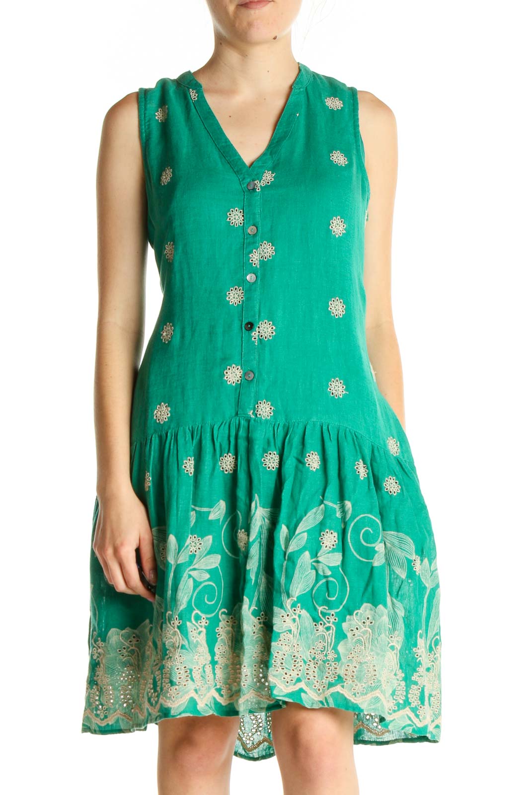 Green Textured Bohemian Dress Front
