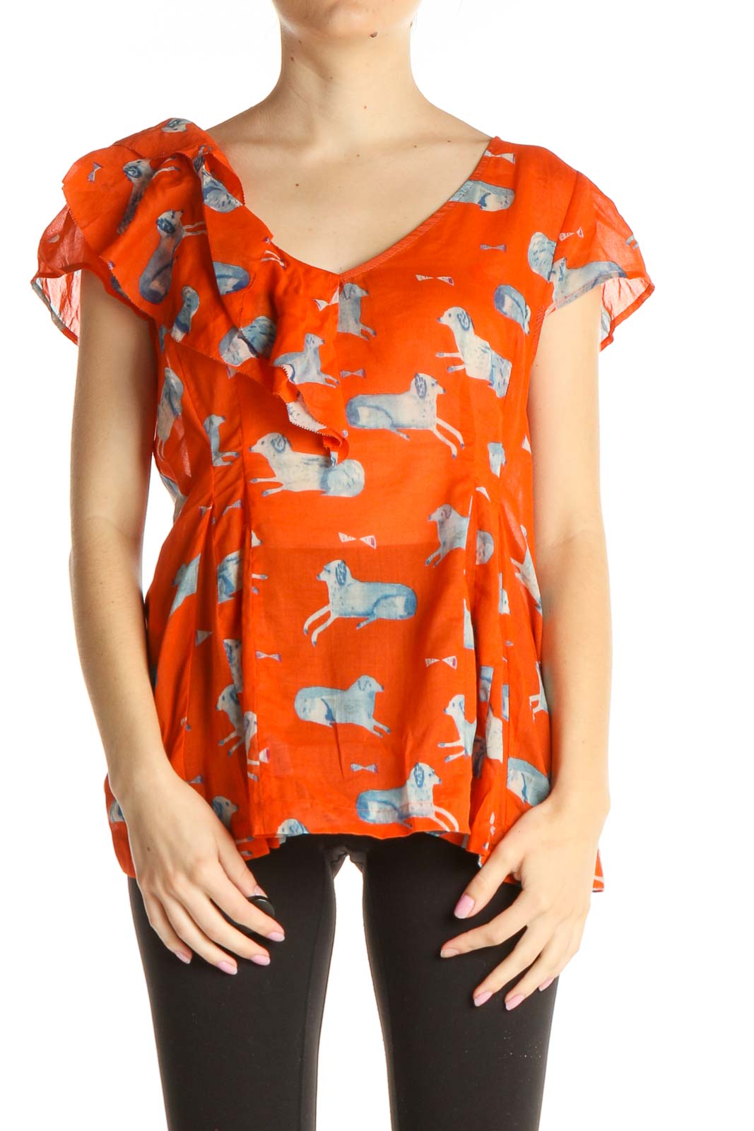 Orange Printed Casual Blouse Front