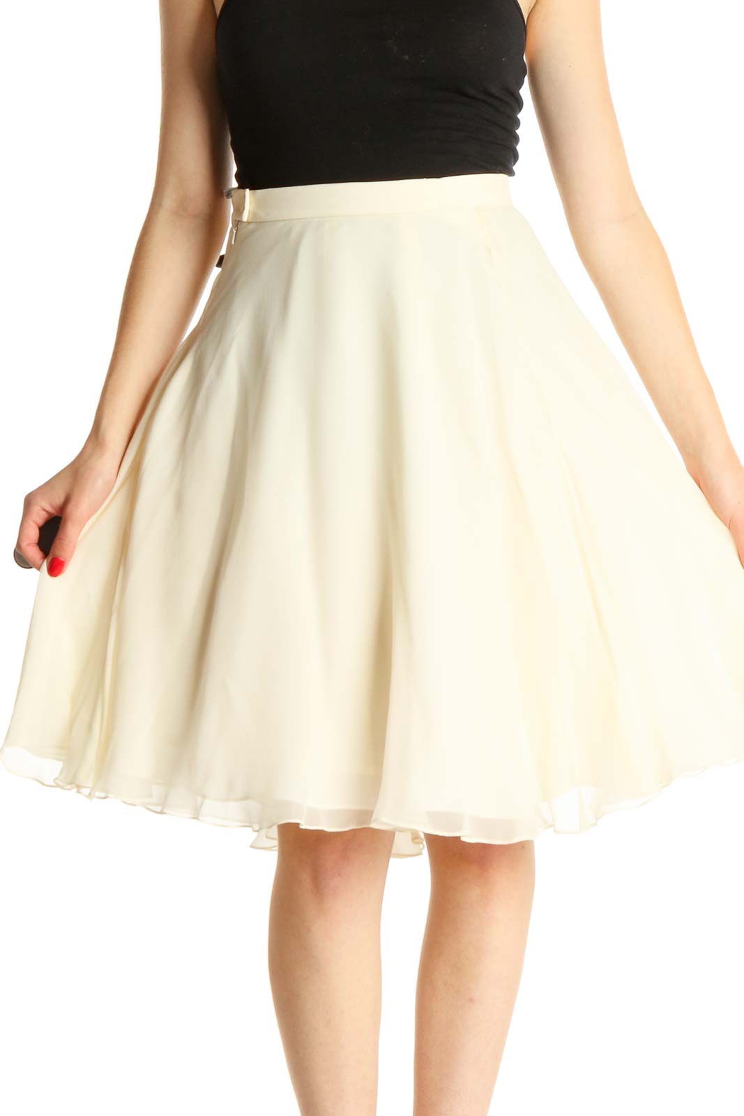 Beige Solid Chic Flared Skirt Front