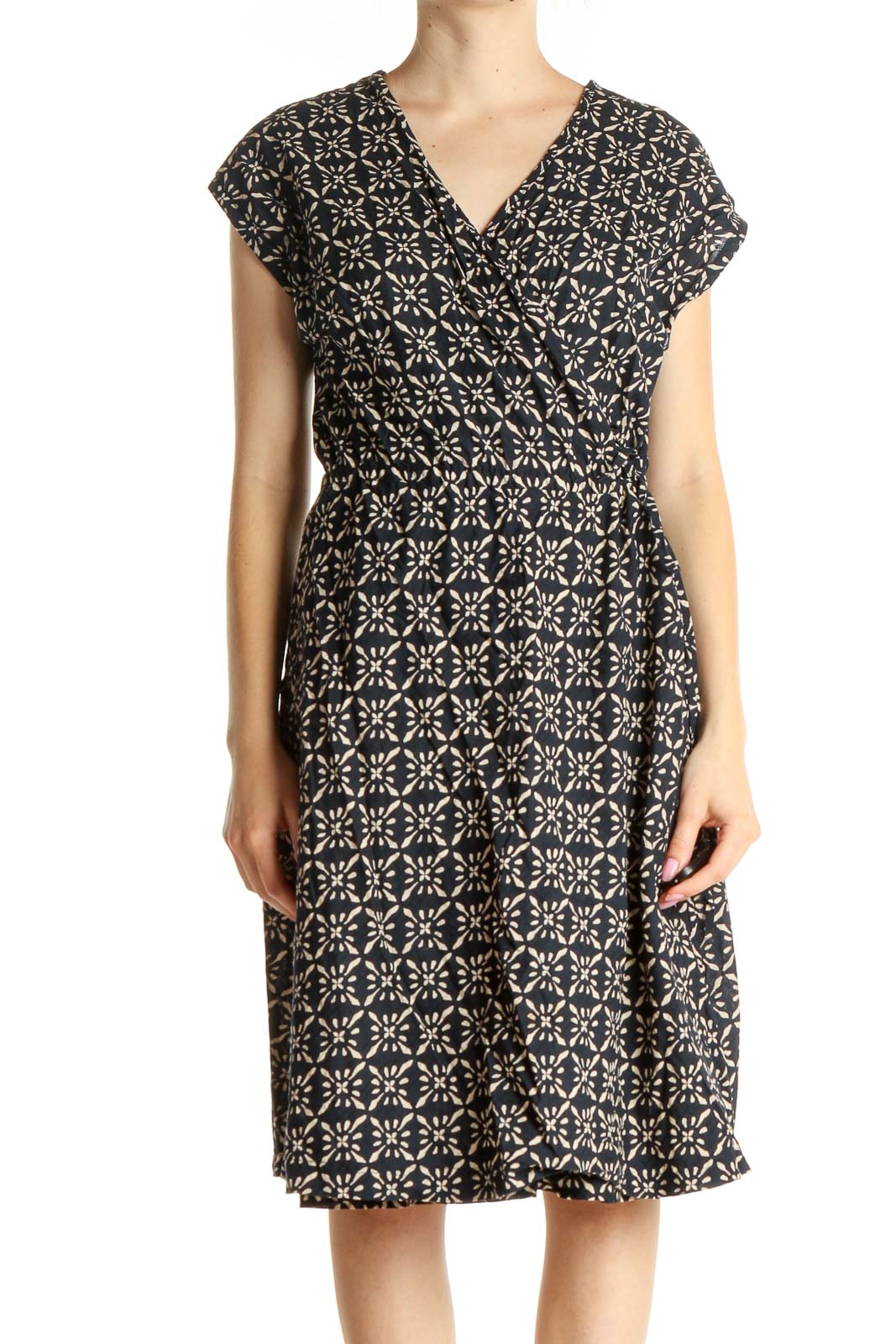 Blue Geometric Print Cotton Day Fit & Flare Dress Front