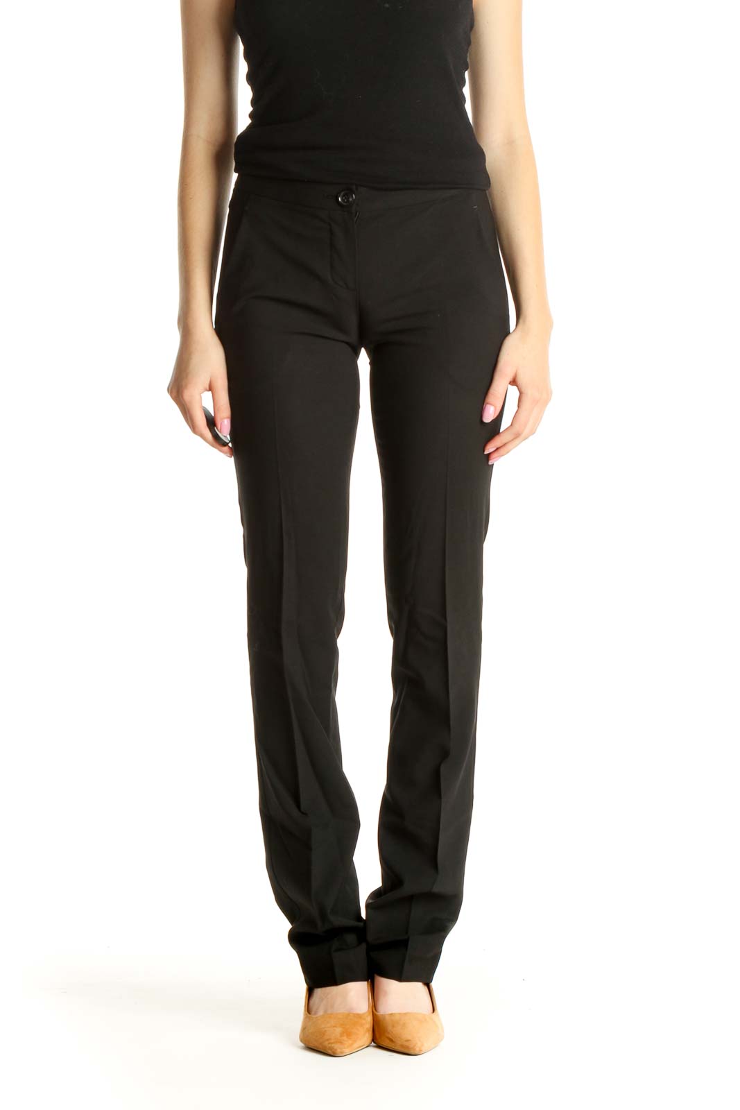 Black Solid Casual Trousers Front