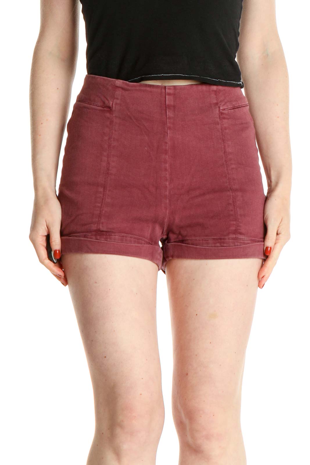 Red Solid Casual Shorts Front