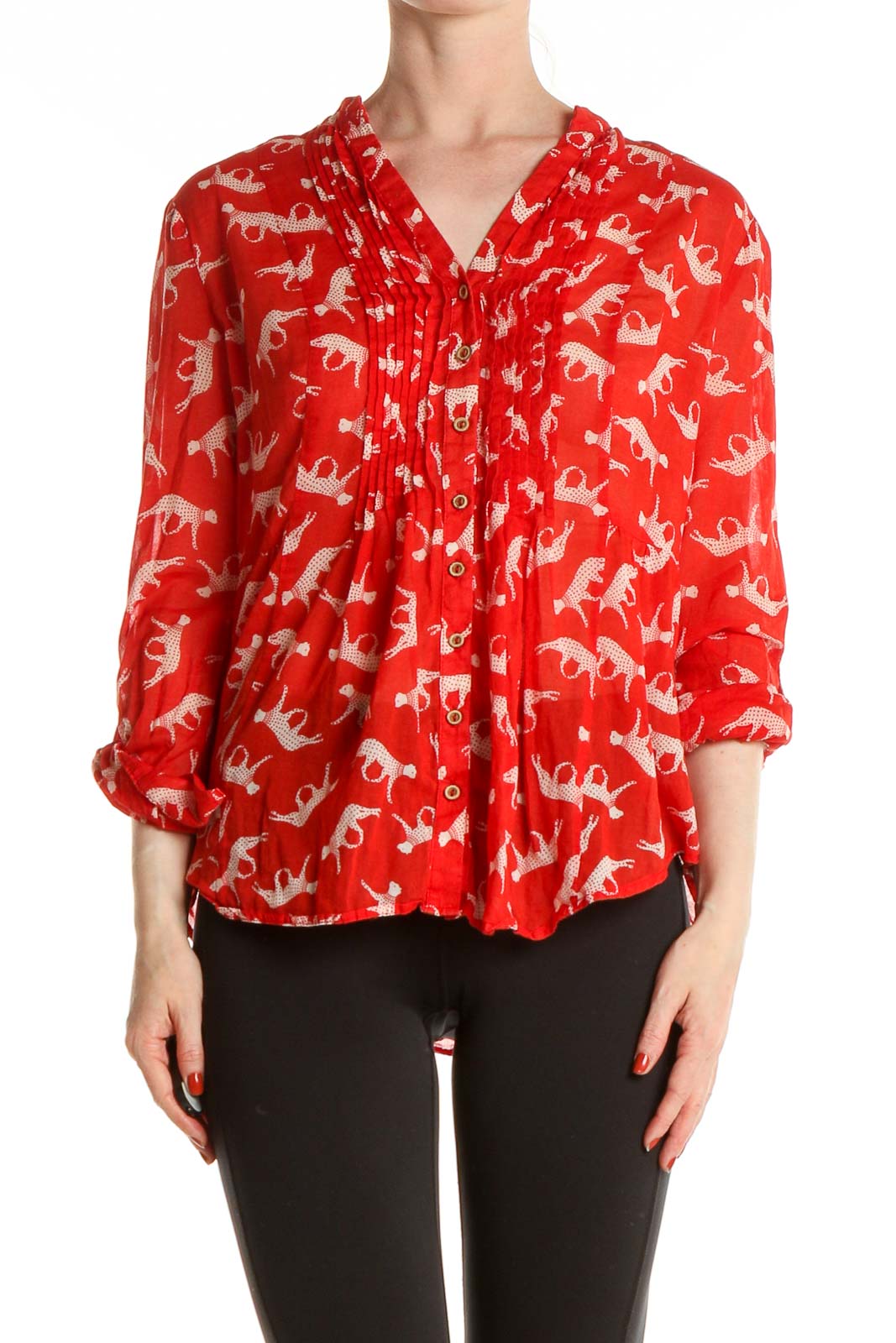 Red Printed Retro Blouse Front