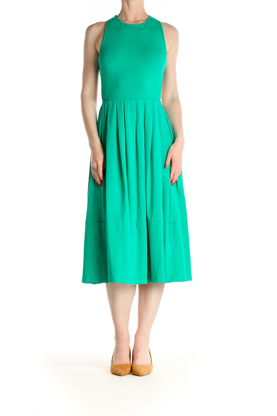Green Solid Day Fit & Flare Dress Front