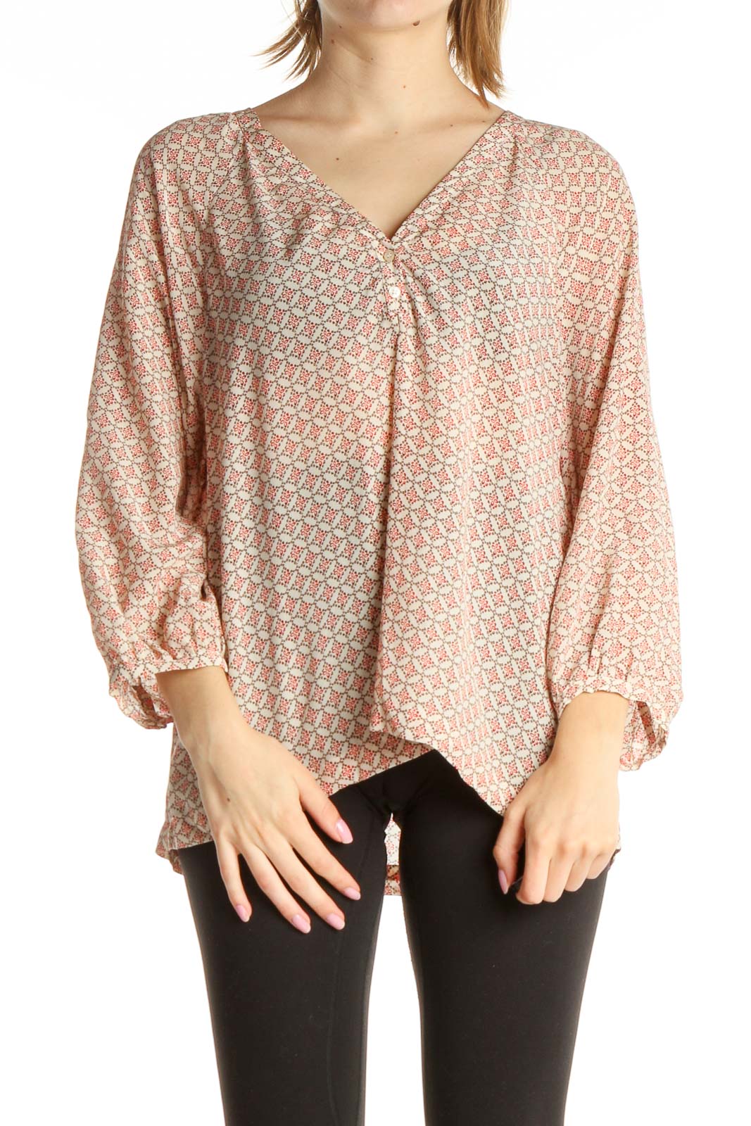 Beige Printed All Day Wear Blouse Front
