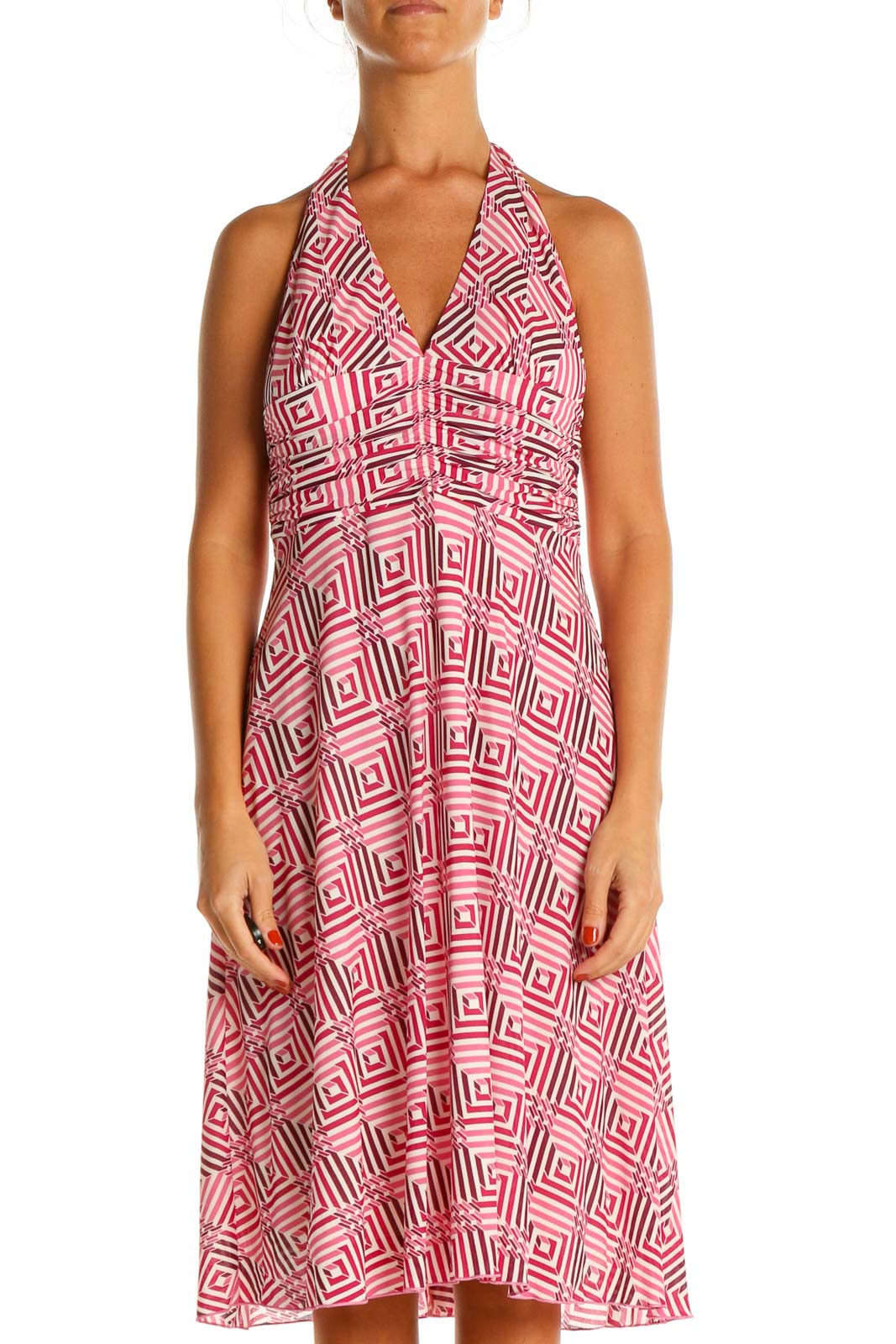 Pink Printed Bohemian Fit & Flare Dress Front