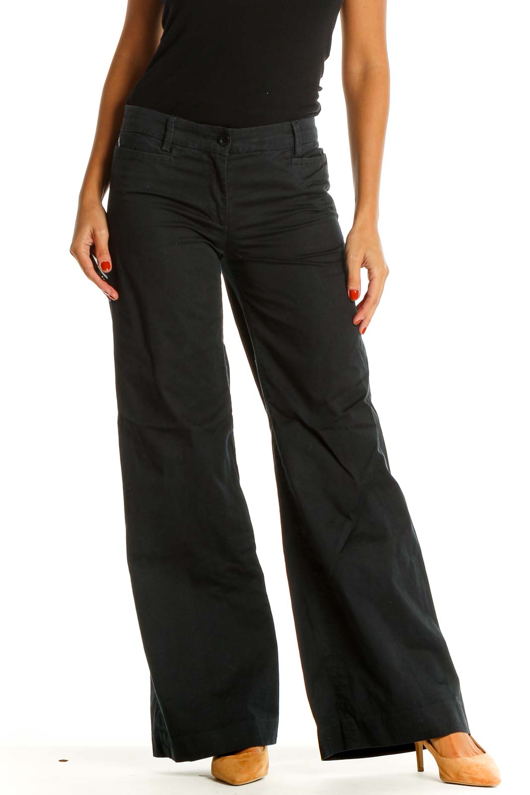 Black Solid All Day Wear Wide-leg Trousers Front