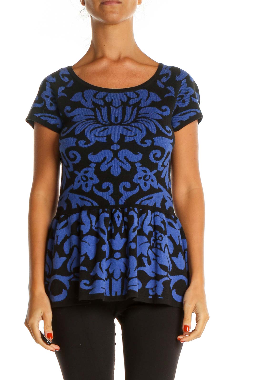 Blue Graphic Print Casual Blouse Front