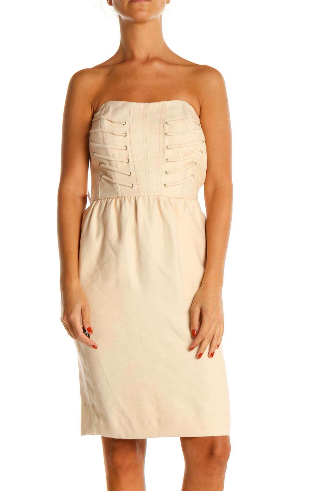Beige Solid Holiday Shift Dress Front