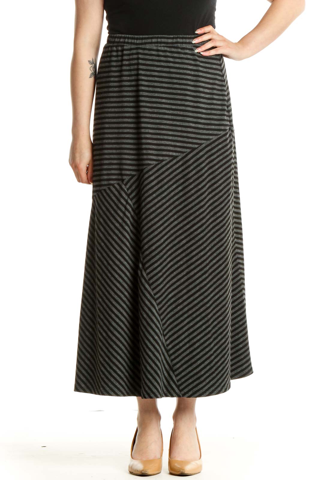 Black Striped Casual Maxi Skirt Front