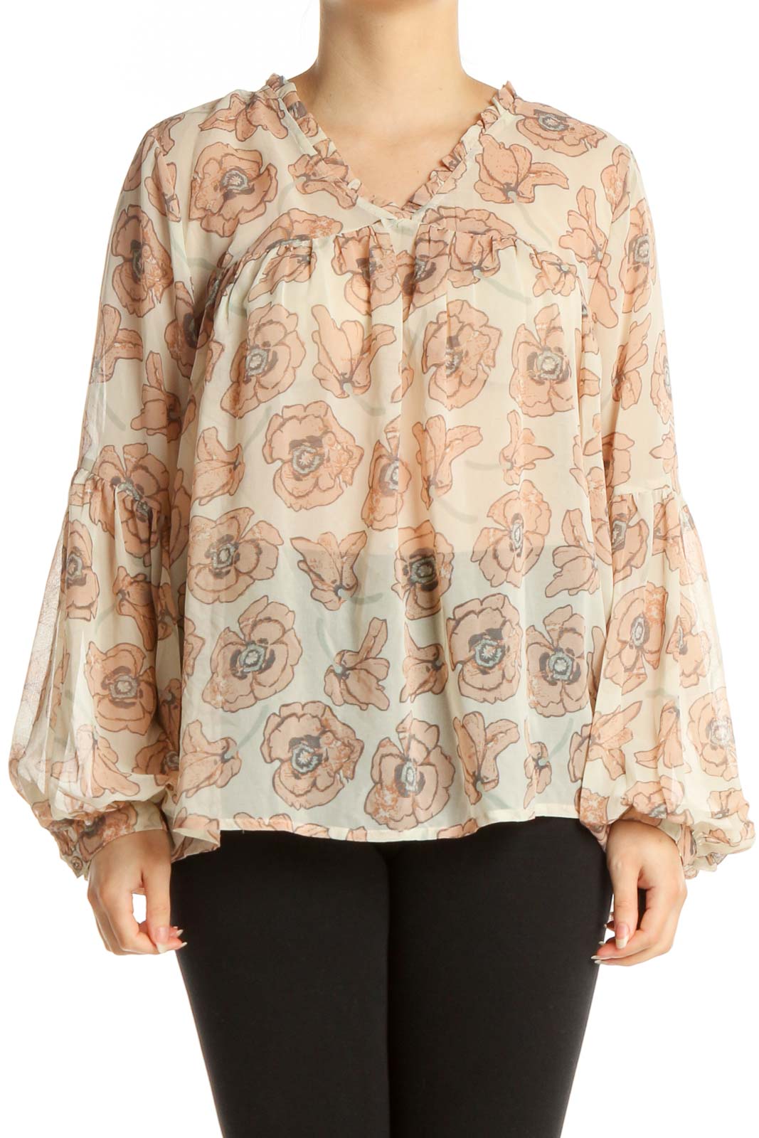 Beige Floral Print All Day Wear Blouse Front