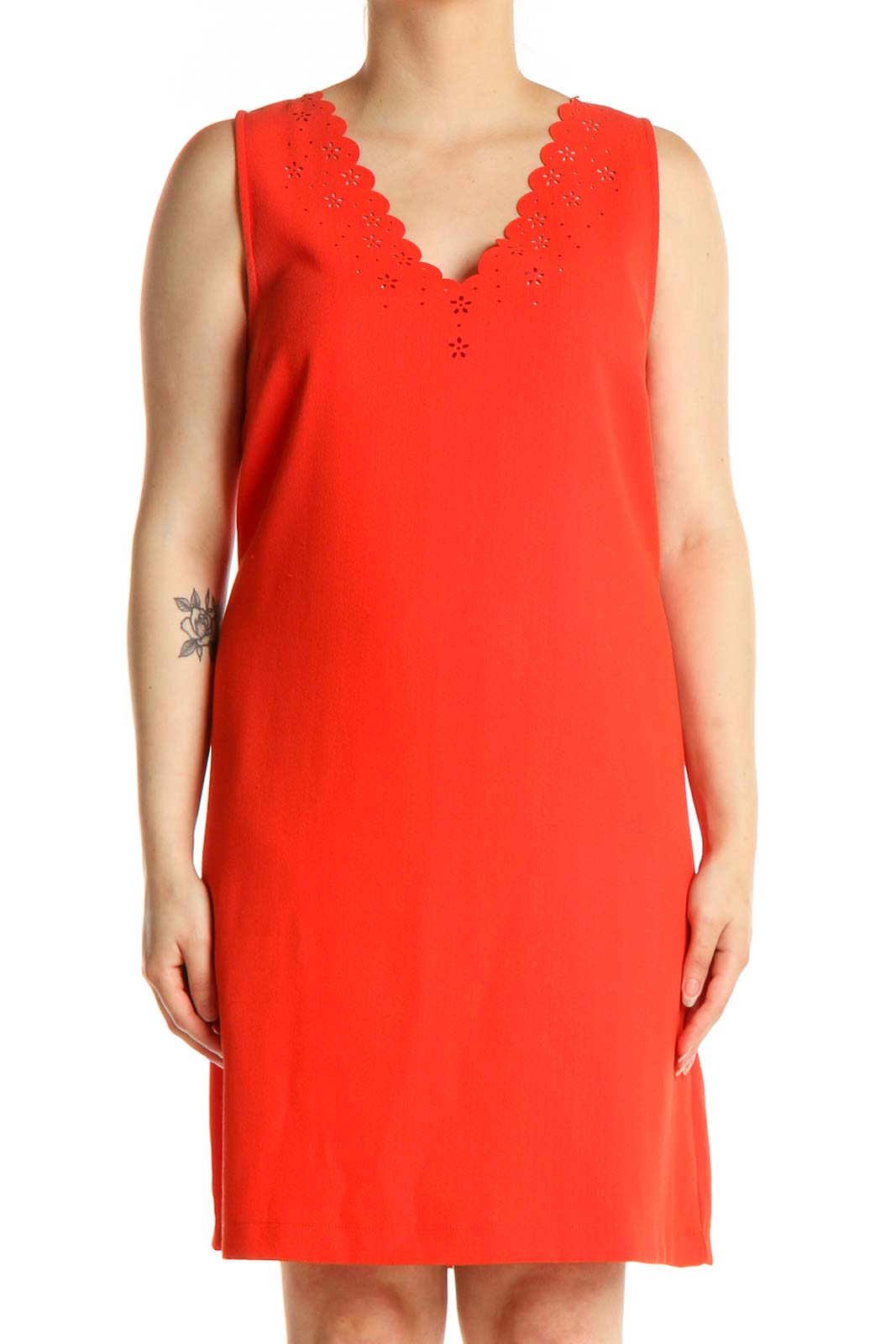 Red Solid Day Sheath Dress Front