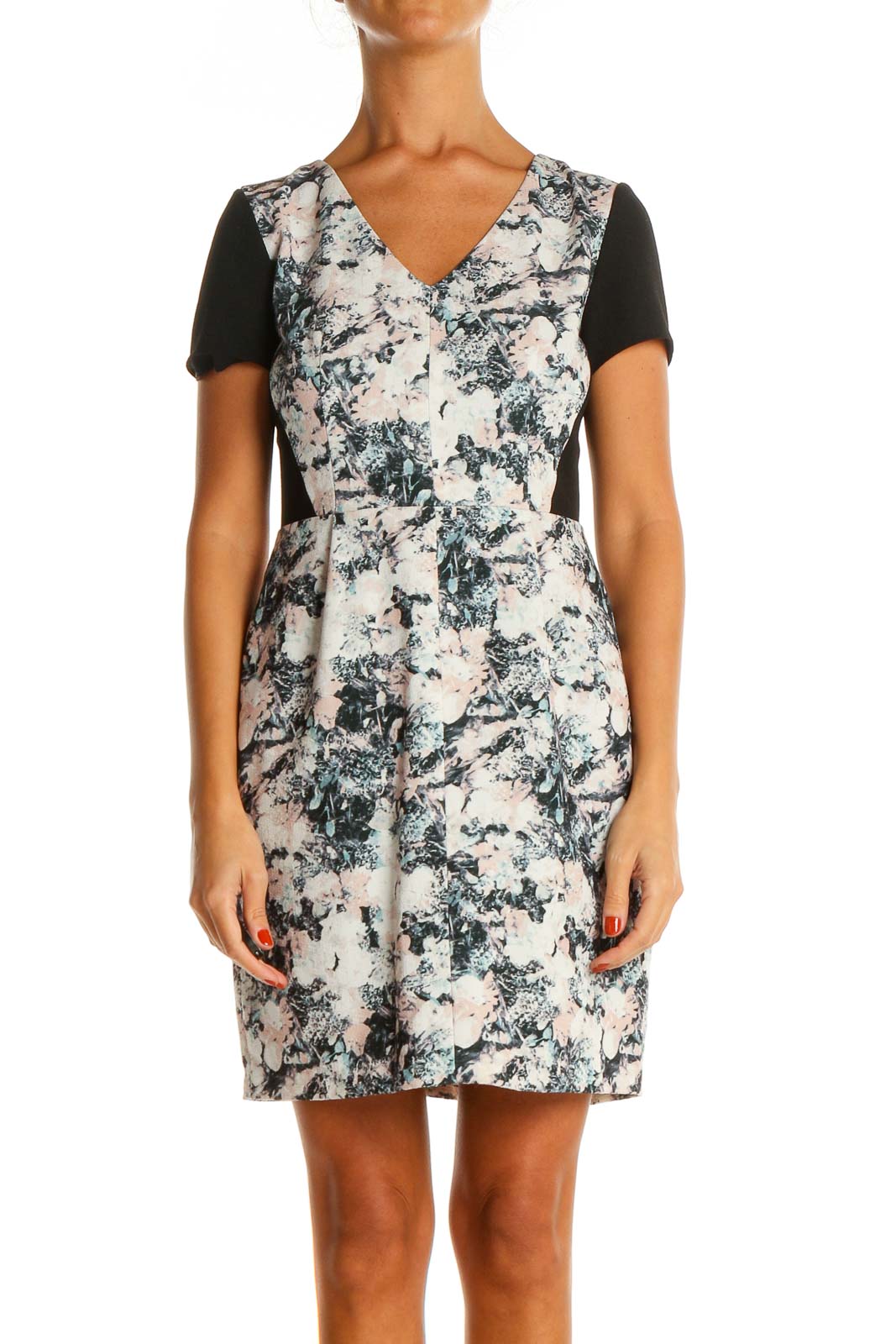 Beige Printed Day Sheath Dress Front