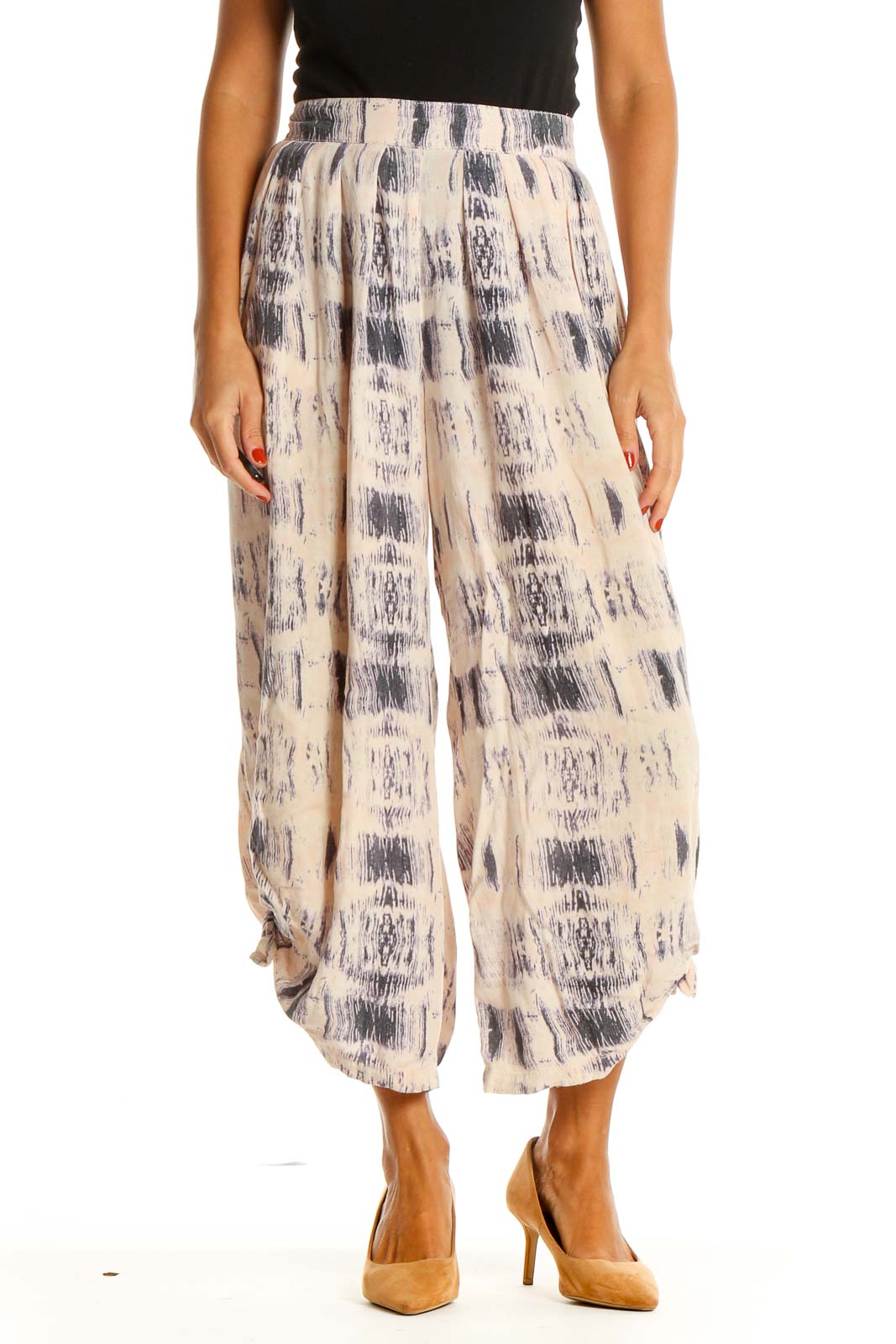 Beige Tie And Dye Holiday Culottes Pants Front