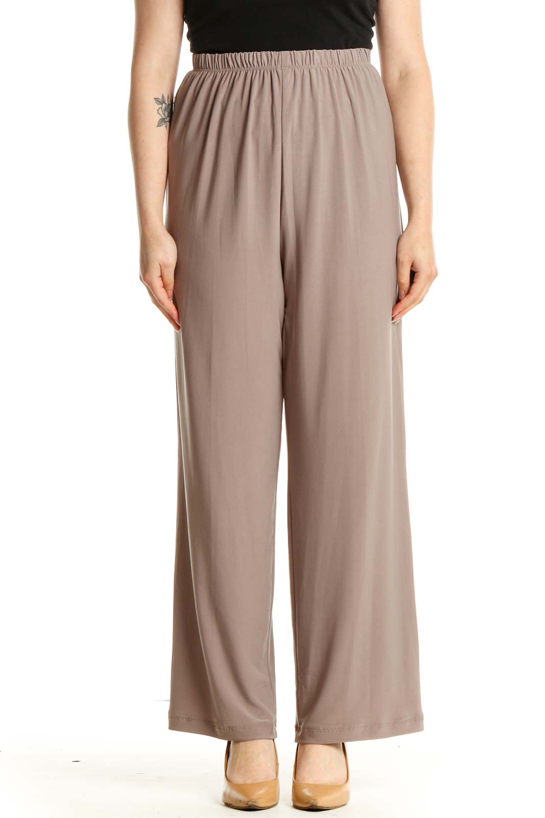 Beige Solid Casual Pants Front
