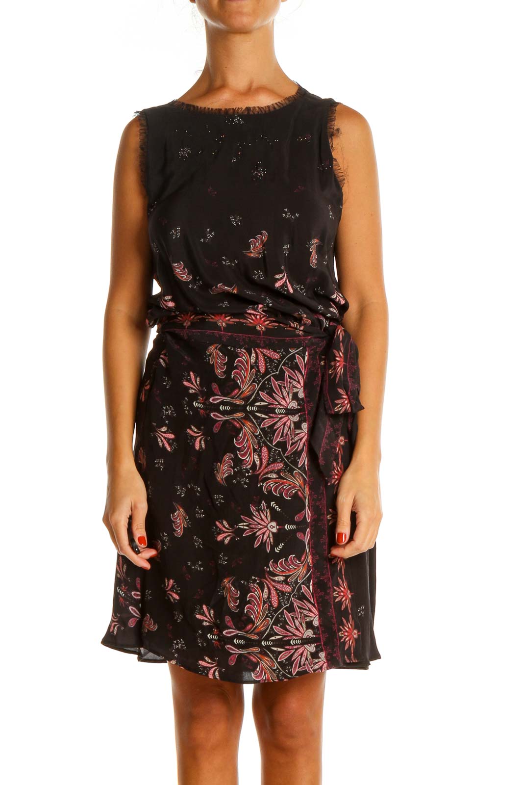 Black Printed Day Fit & Flare Dress Front
