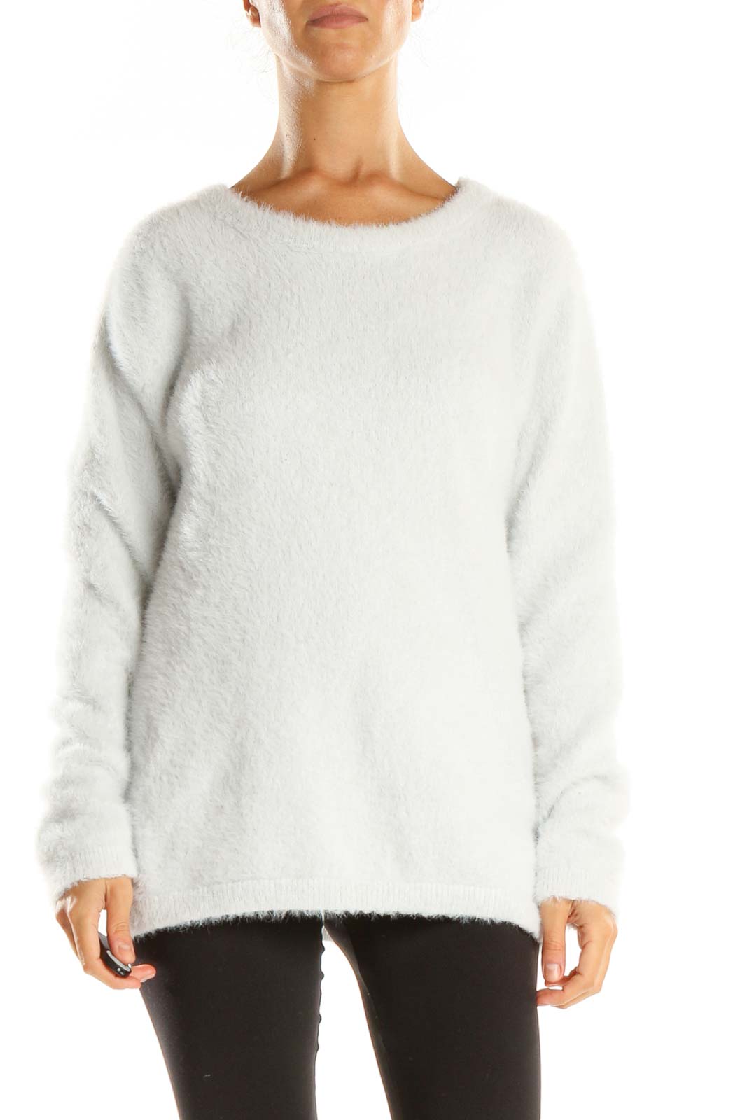 White Solid Classic Sweater Front