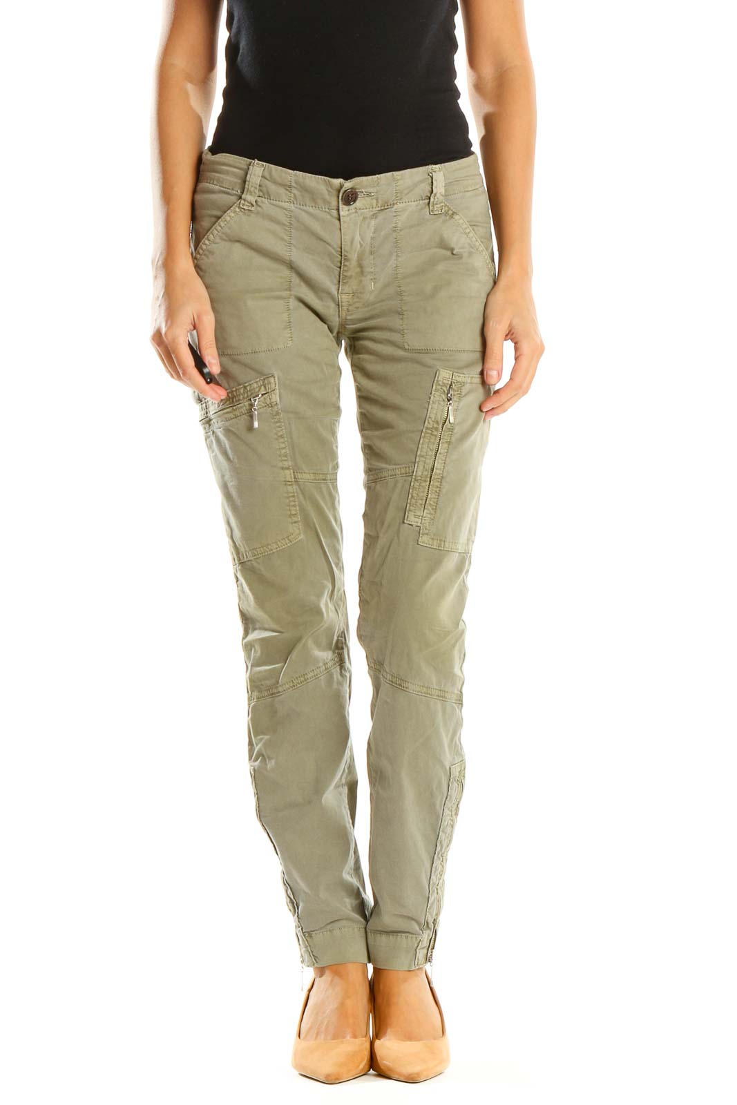 Green Solid Casual Cargos Pants Front