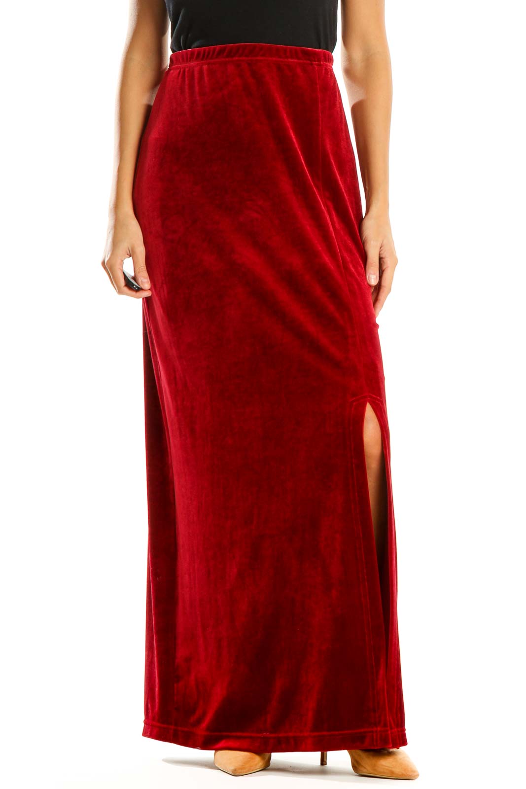 Red Textured Classic Straight Skirt Front