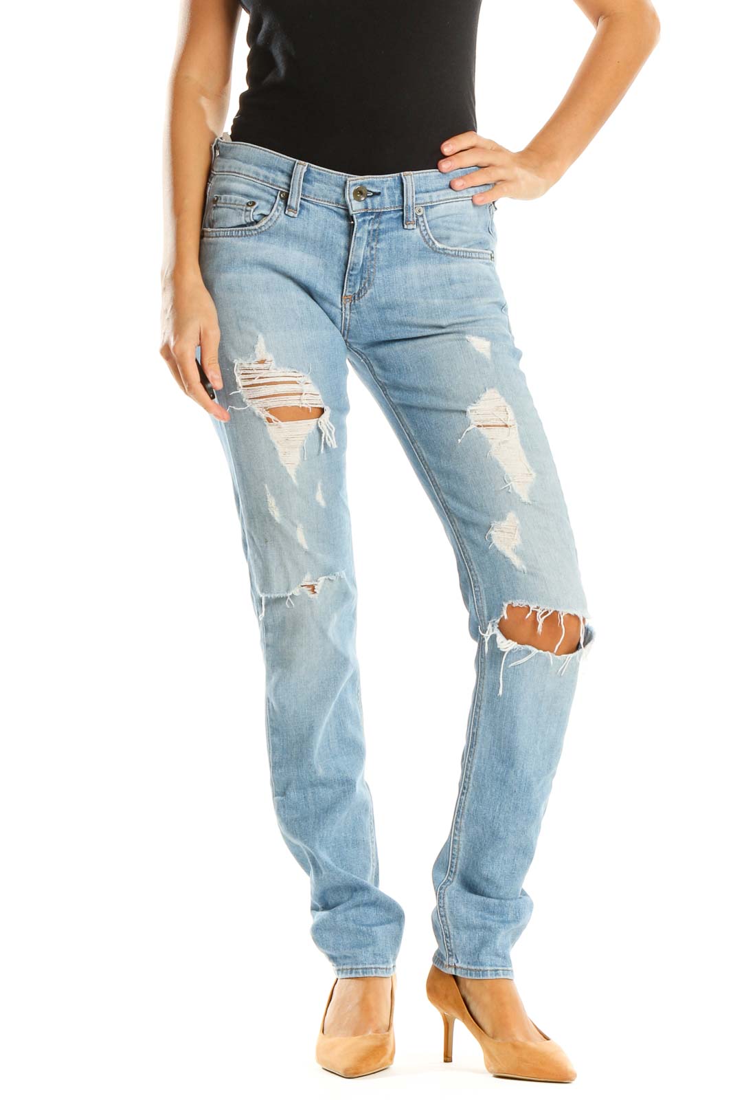 Blue Straight Leg Distressed Jeans Front