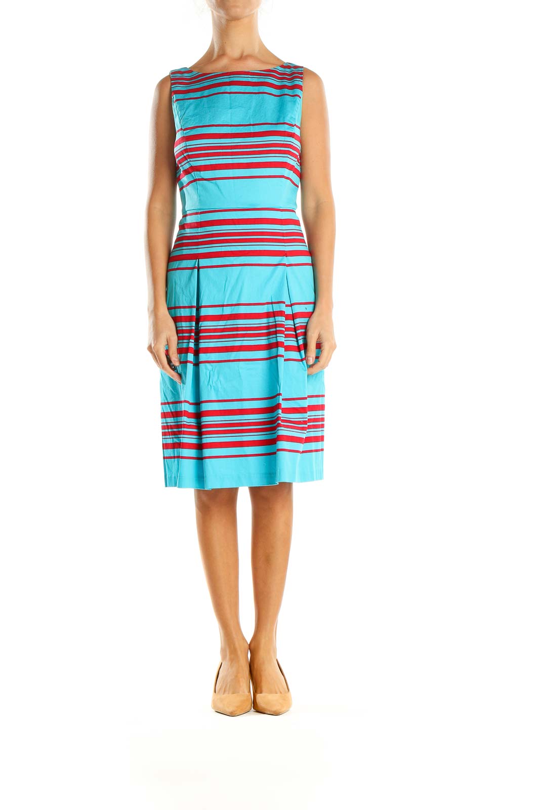 Talbots - Blue Striped Classic Fit & Flare Dress Polyester Cotton Elastane