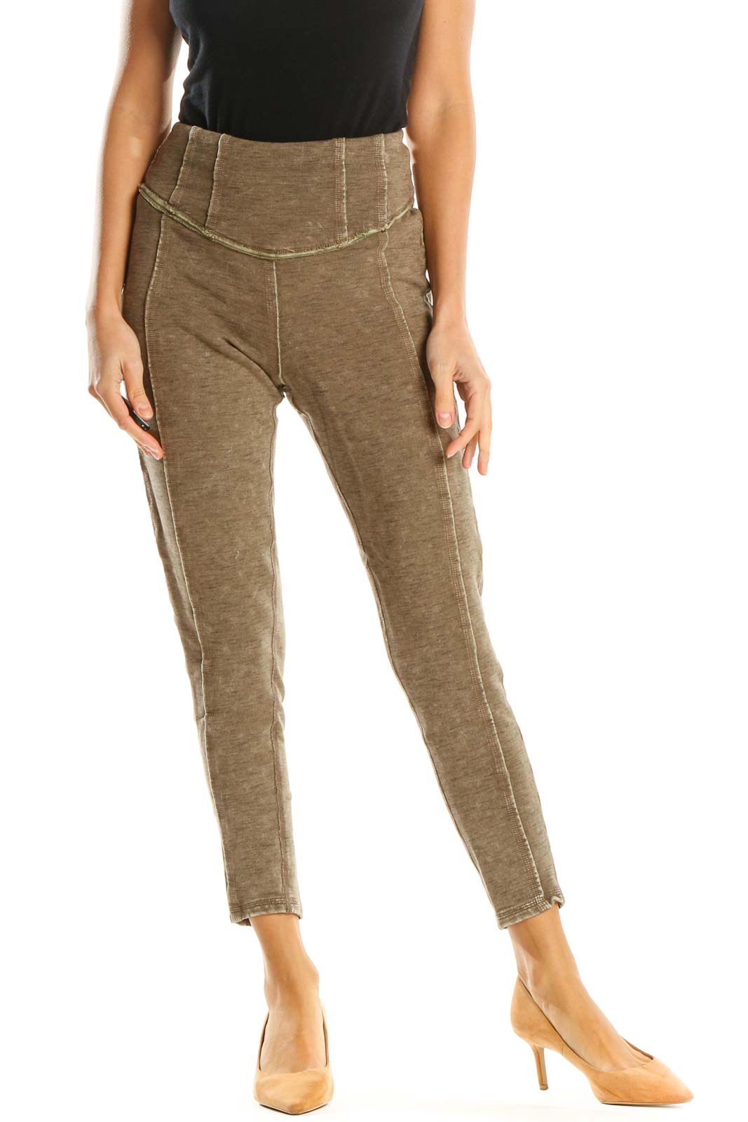 Brown Textured Casual Leggings Front
