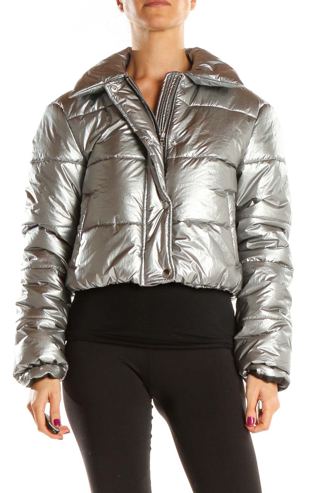 Silver Puffer Jacket Front