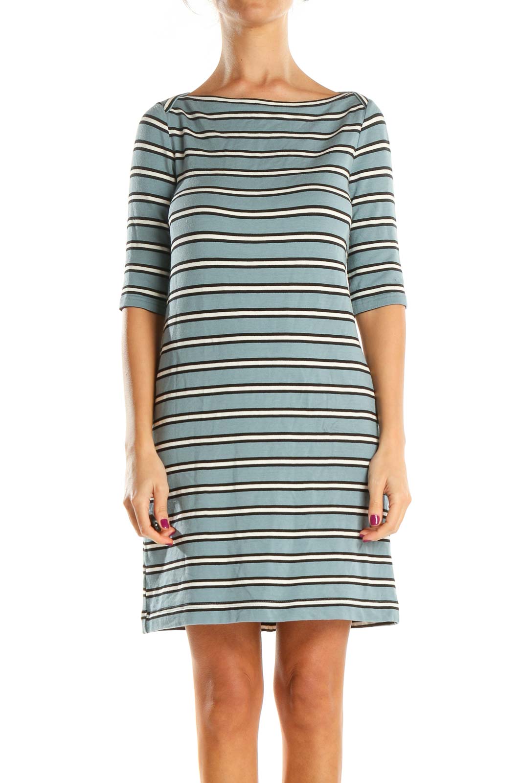 Blue Striped Day Shift Dress Front