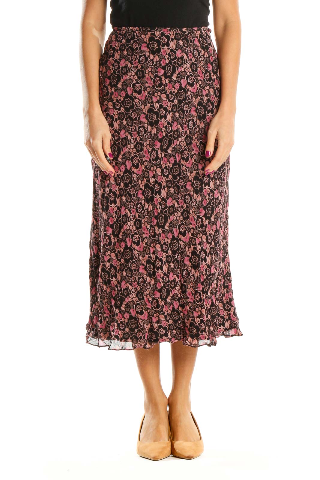Brown Floral Print Bohemian A-Line Skirt Front