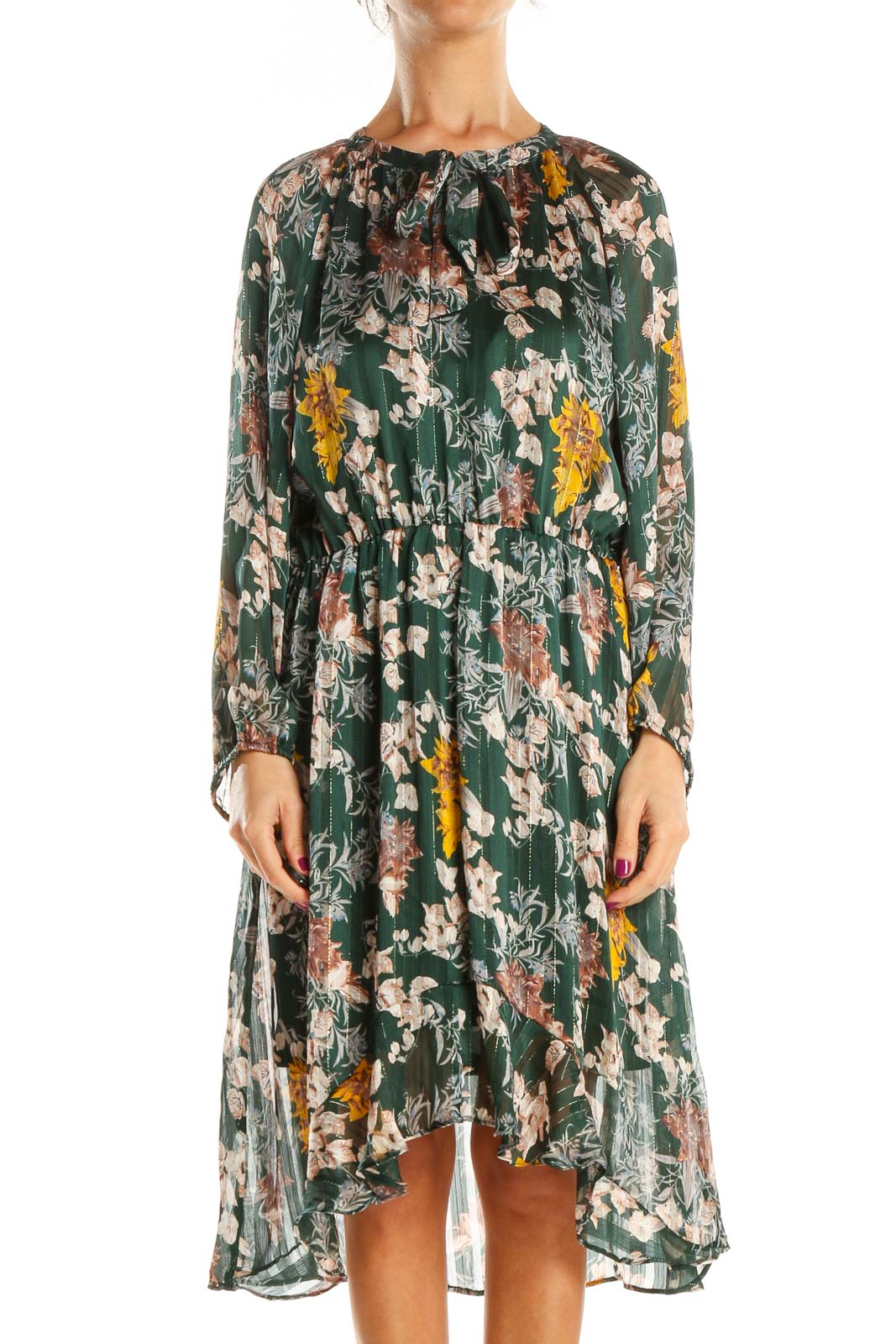 Green Floral Print Day Fit & Flare Dress Front