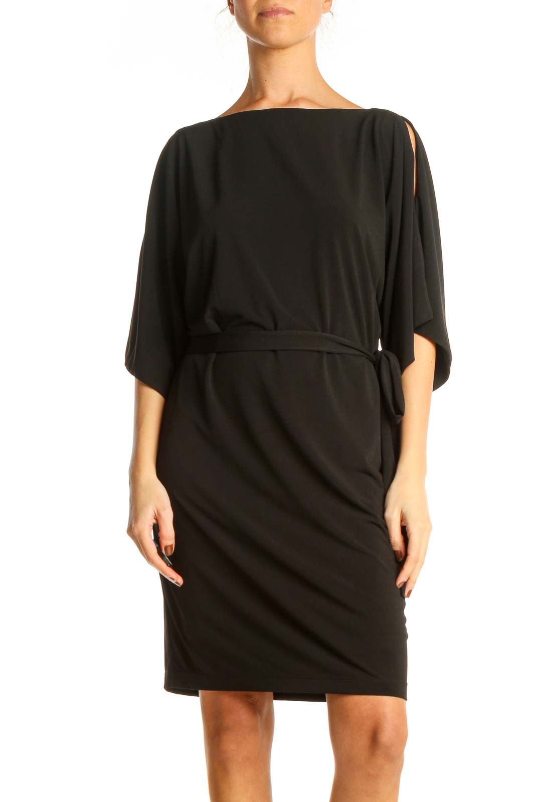 Black Solid Classic Sheath Dress Front