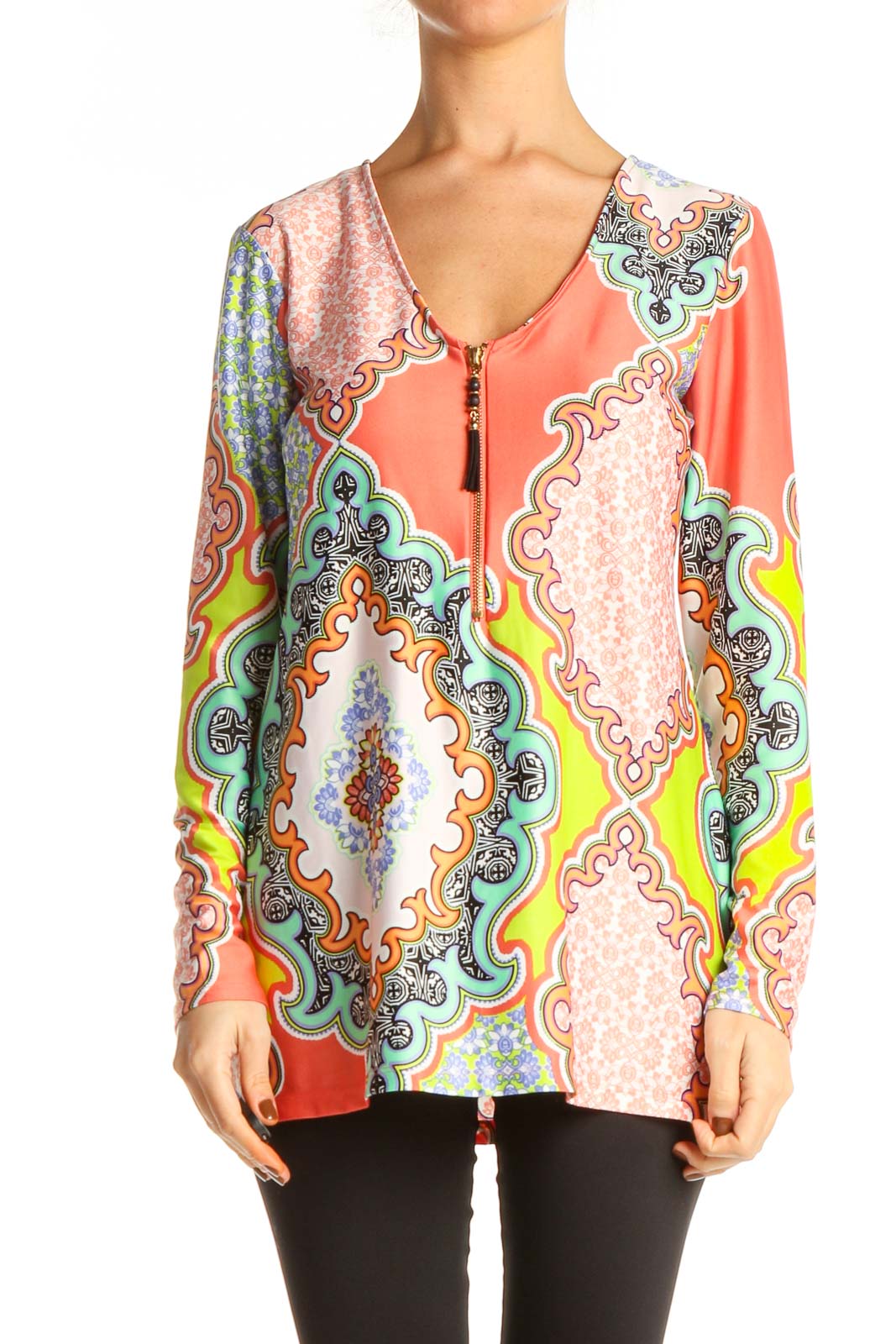 Pink Graphic Print Bohemian Blouse Front