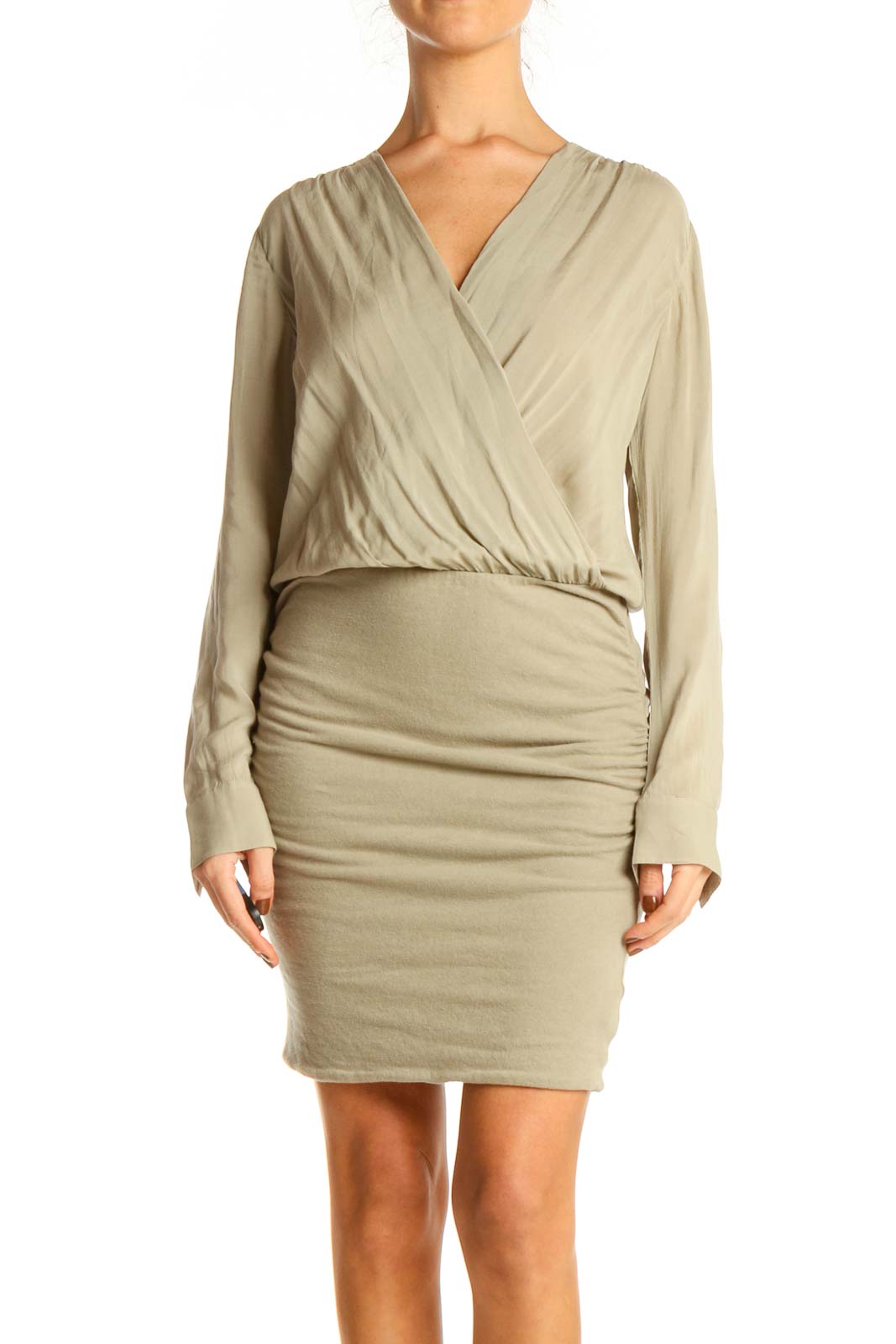 Beige Solid Day Sheath Dress Front