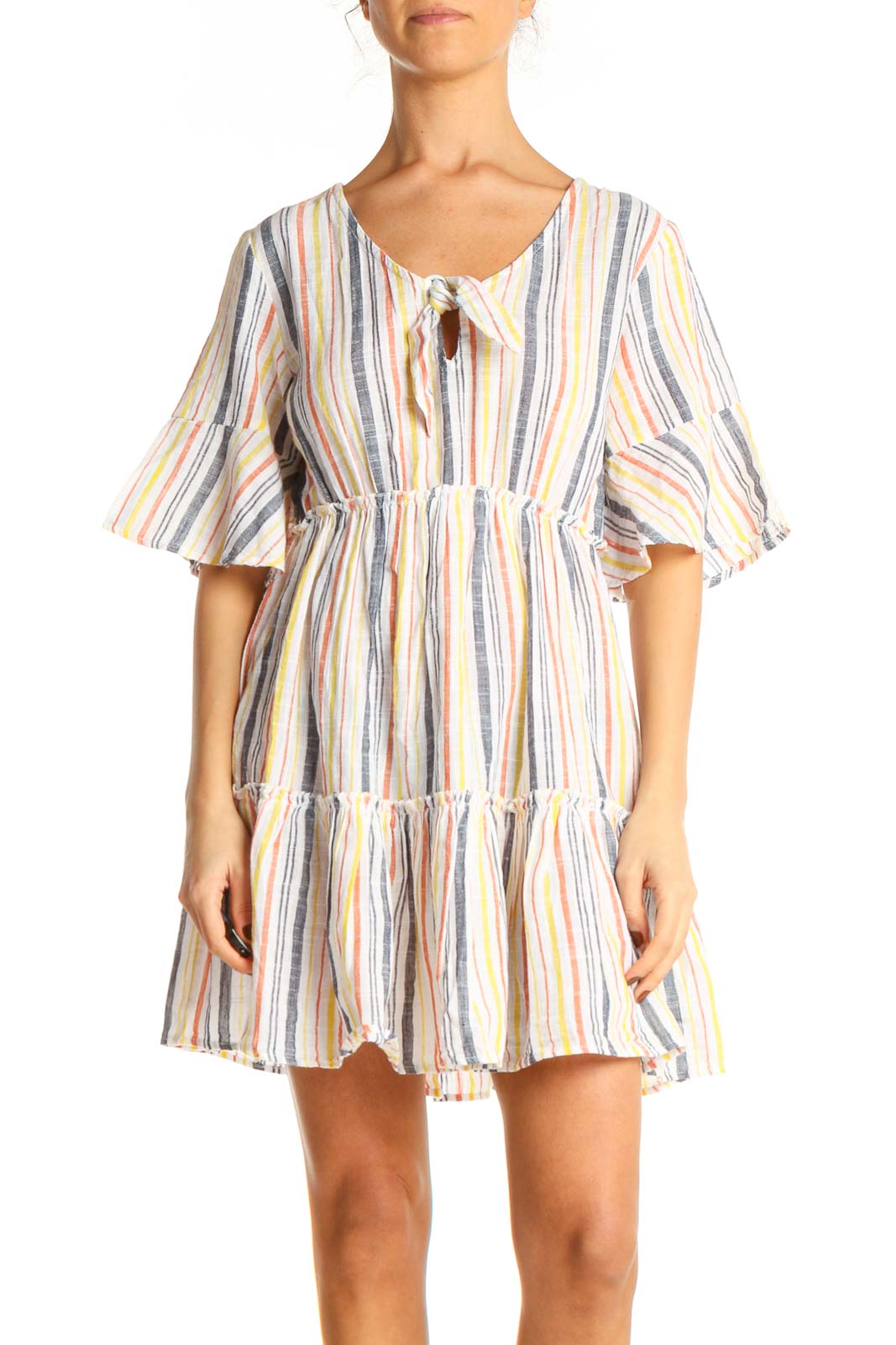 White Striped Fit & Flare Dress Front
