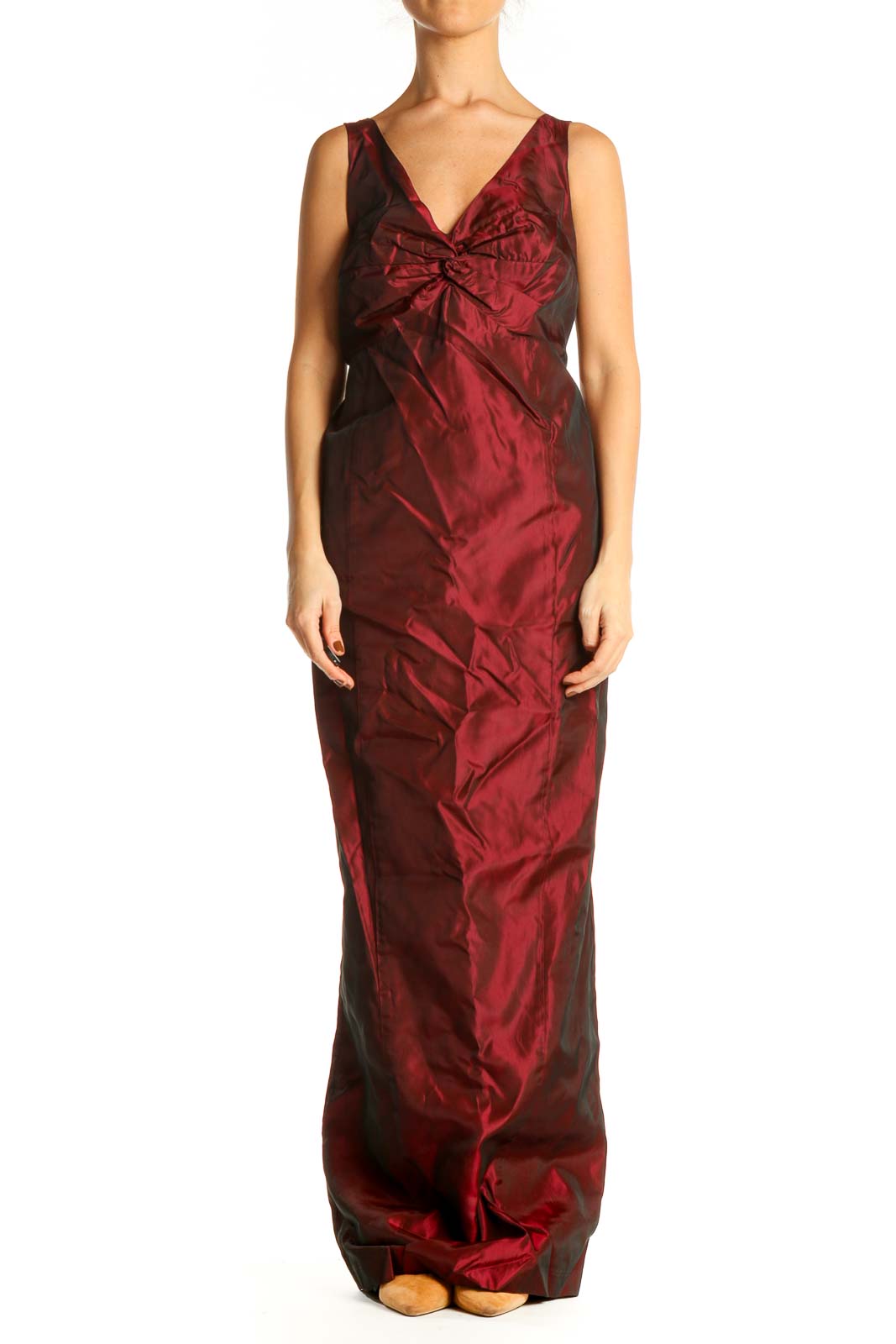 Red Solid Classic Column Dress Front