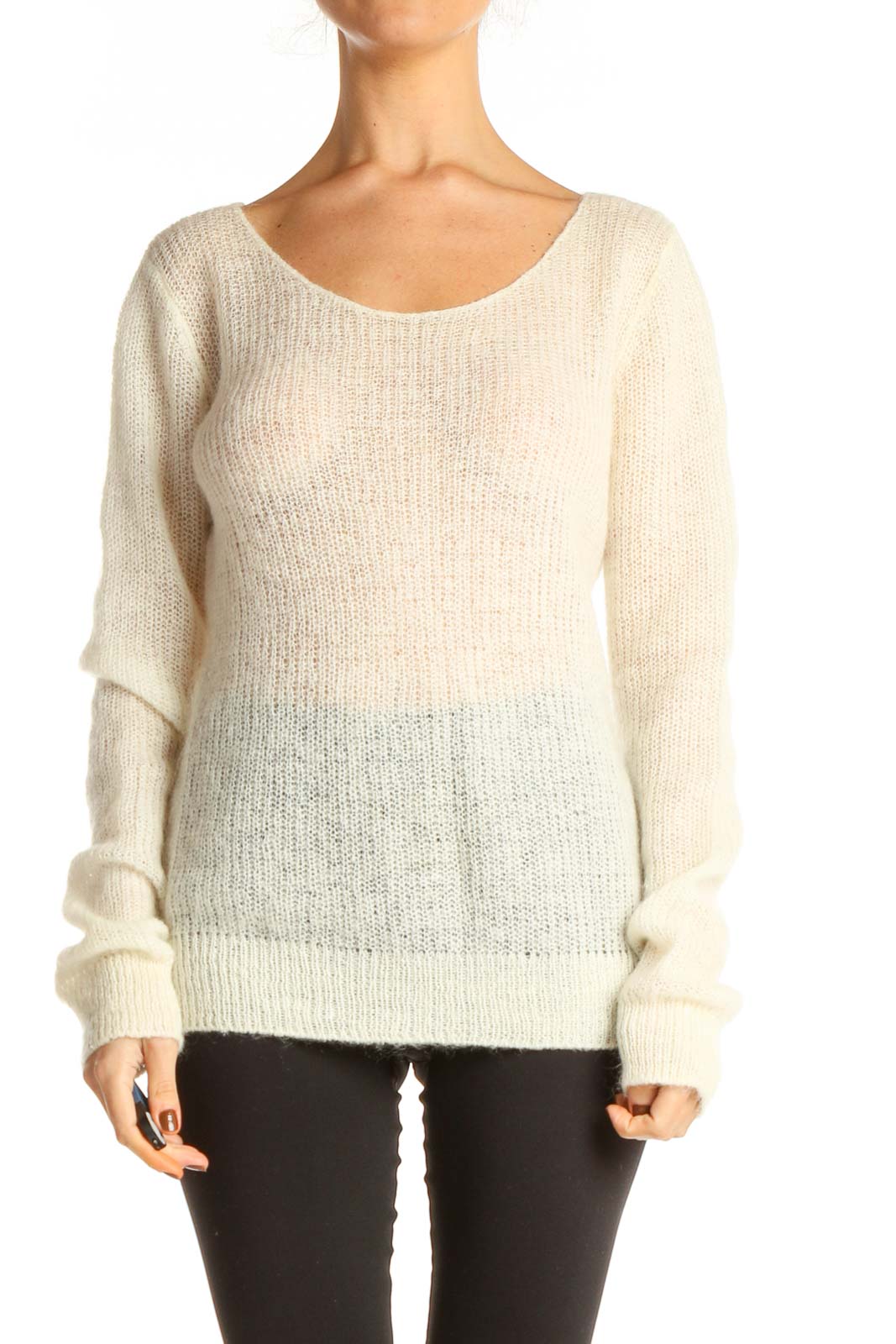White Textured All Day Wear Sweater Front