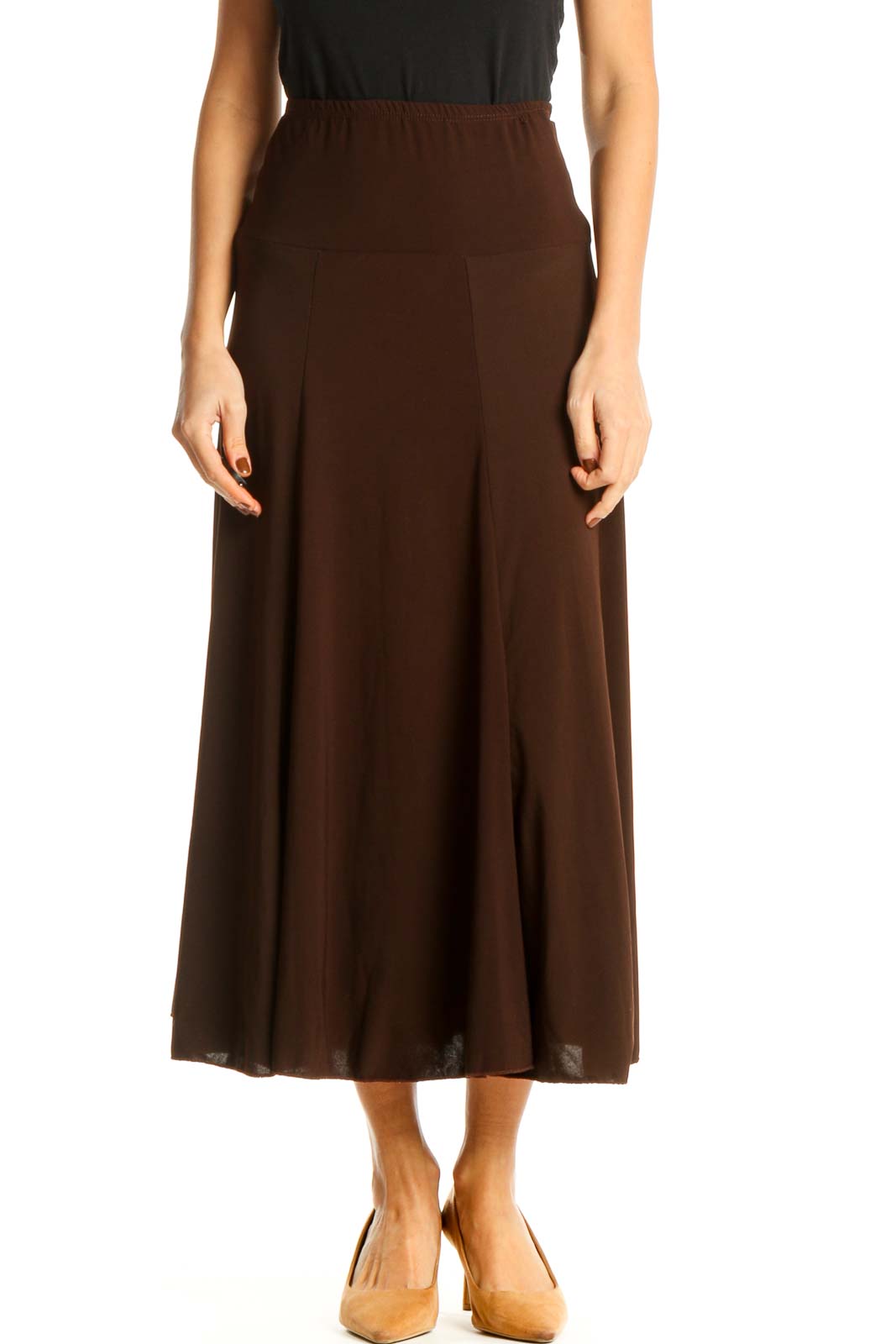 Brown Textured Brunch Flared Skirt Front