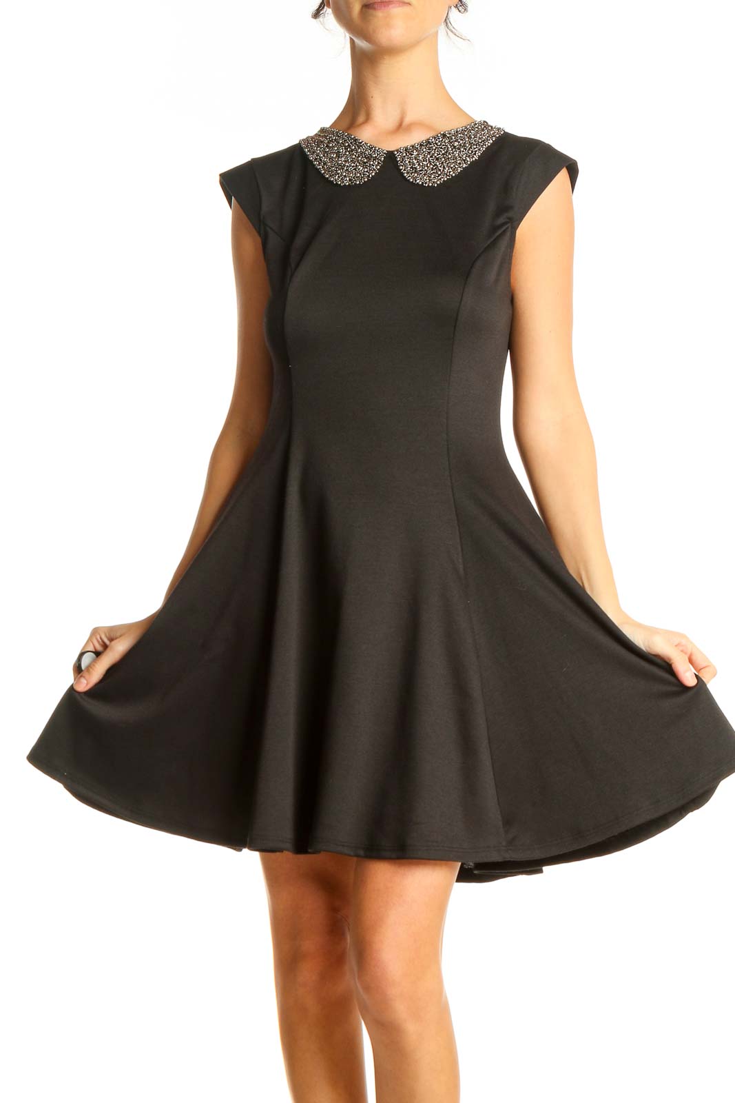Black Sequin Collar Classic Fit & Flare Dress Front