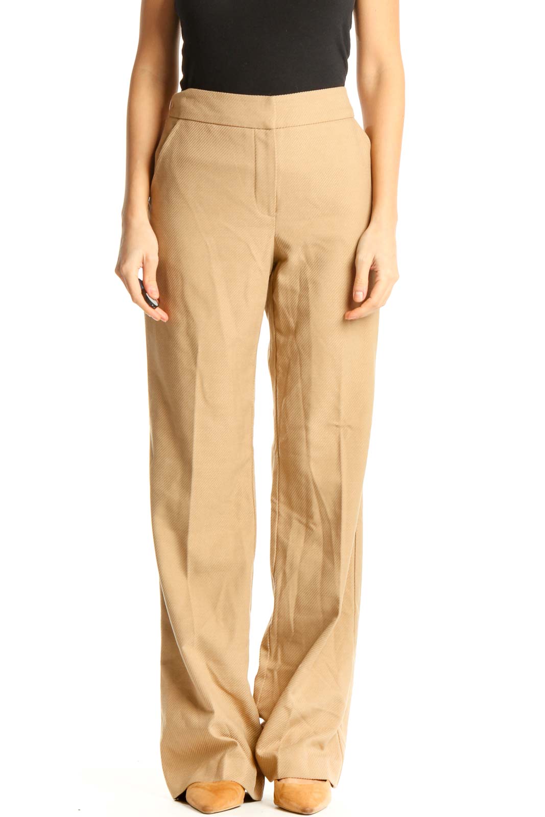 Beige Solid Classic Trousers Front