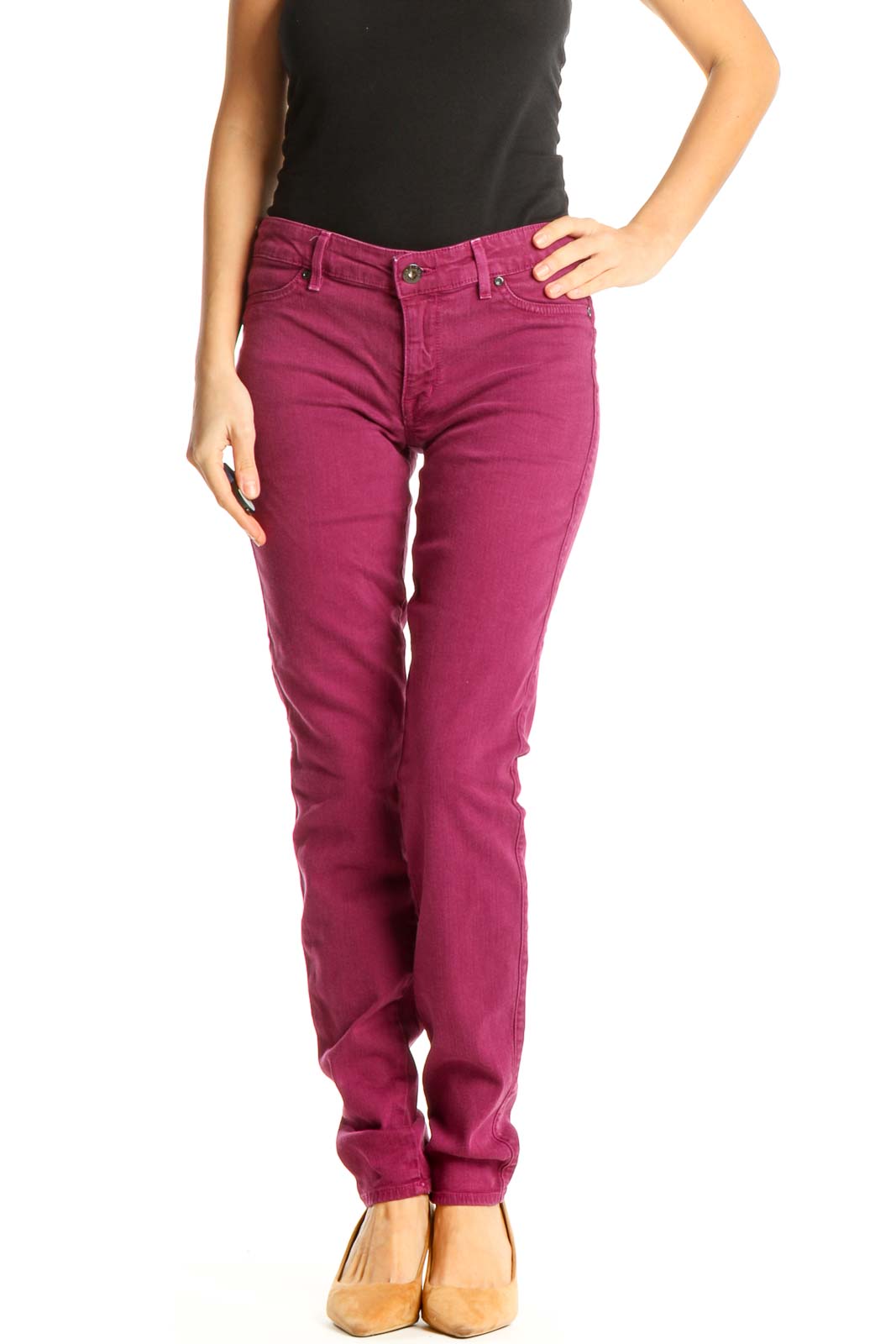 Pink Solid Casual Pants Front