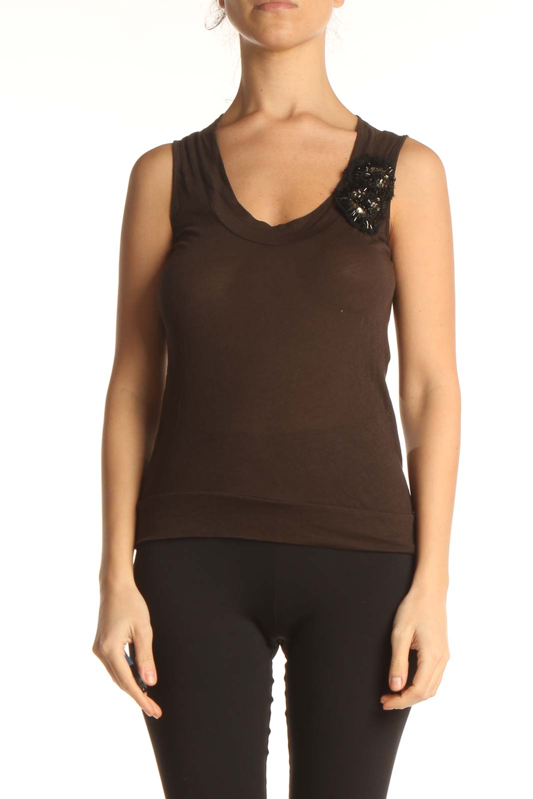 Brown Solid Casual Tank Top With Beaded Floral Detail On Strap Front