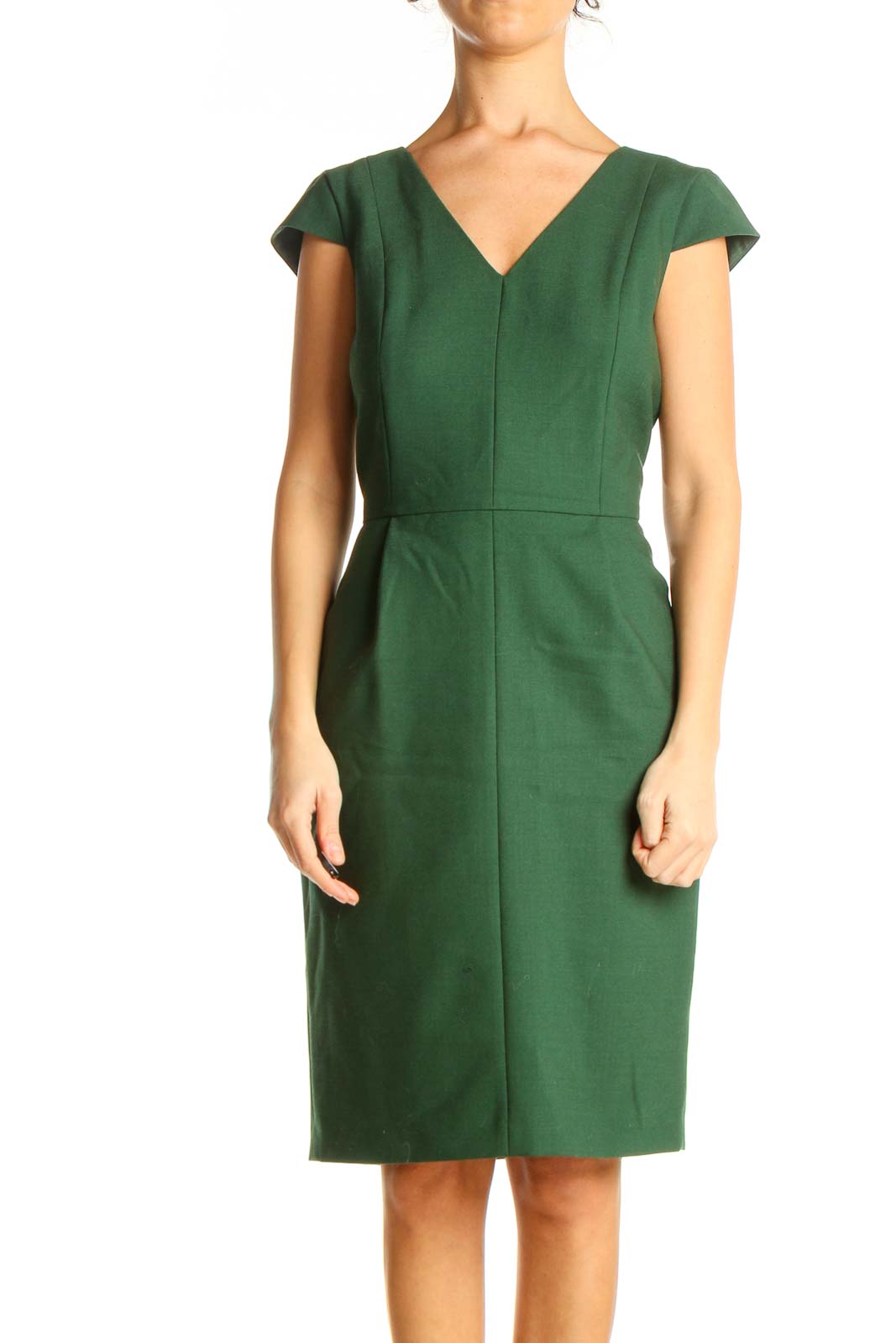 Green Solid Work Sheath Dress Front