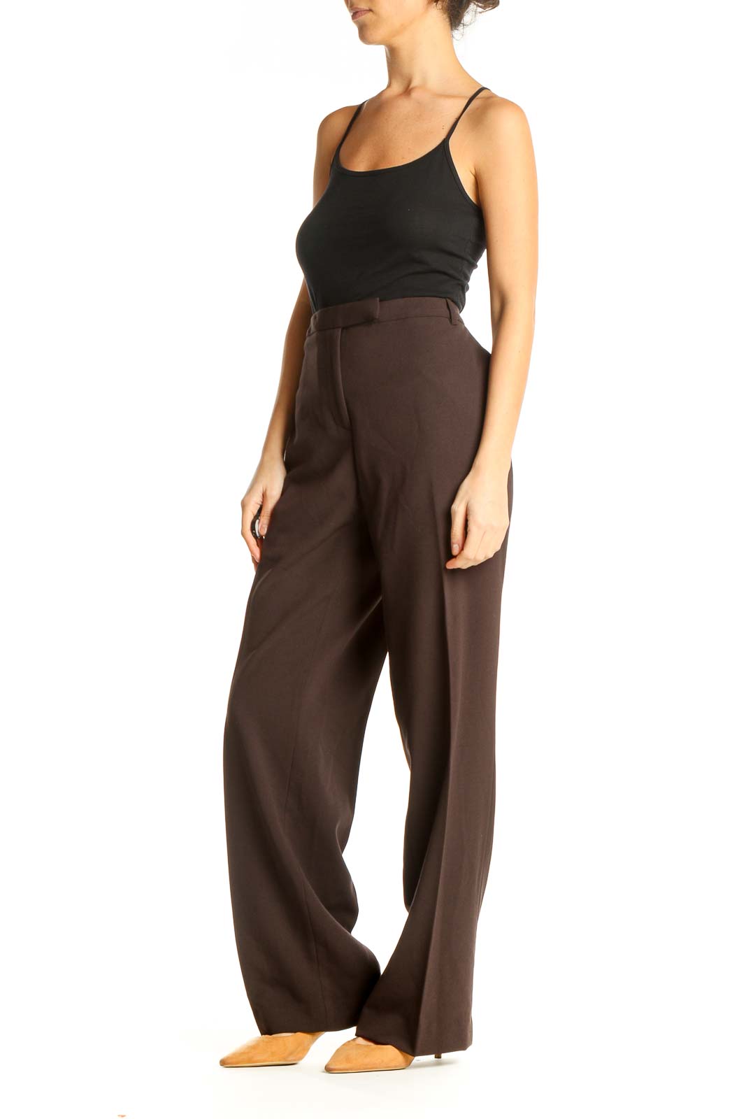 ESCADA - Brown Solid All Day Wear Trousers Polyester Cotton Elastane