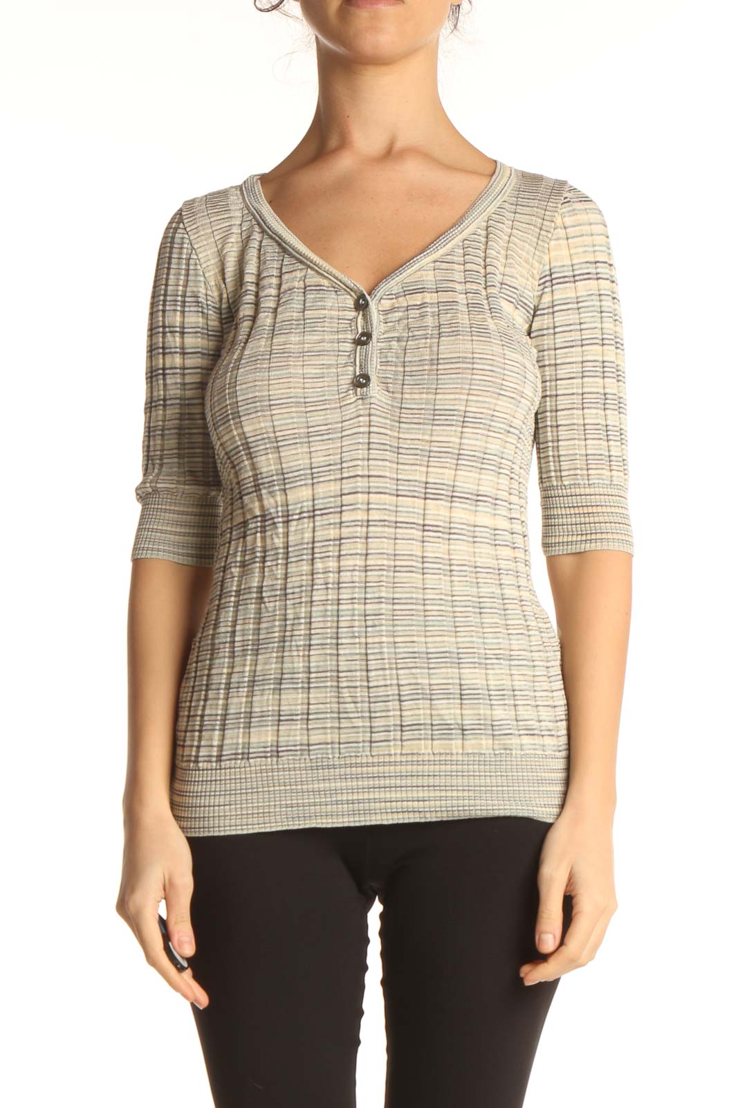 Beige Striped Casual Top Front