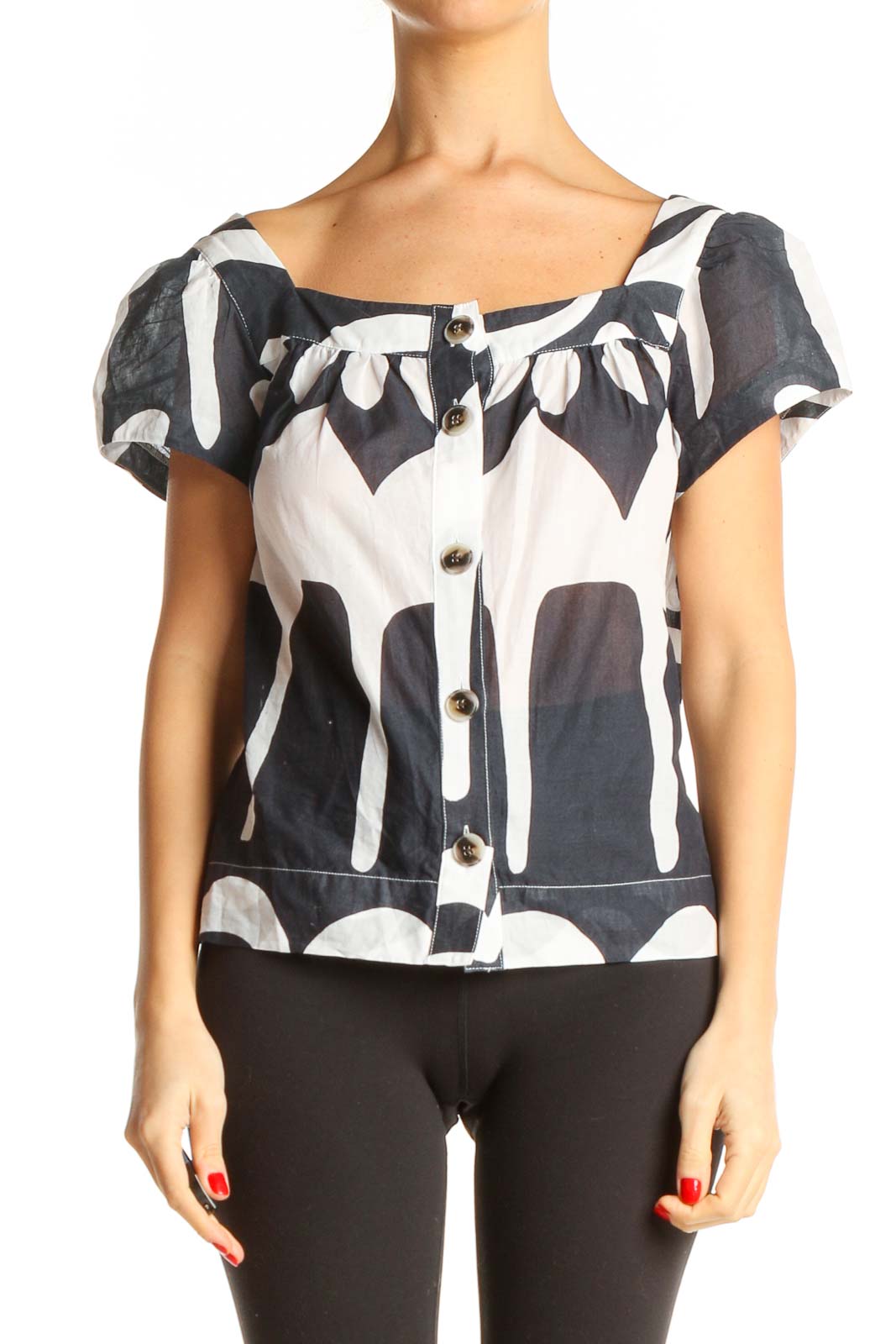 White Graphic Print Brunch Blouse Front
