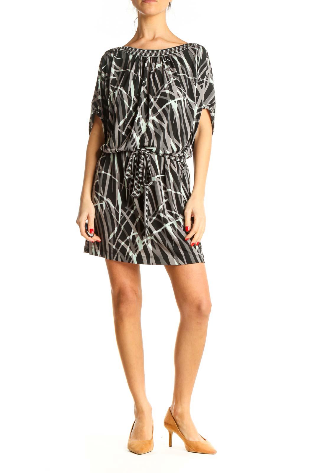 BCBG MaxAzria Black Printed Day Fit Flare Dress Polyester